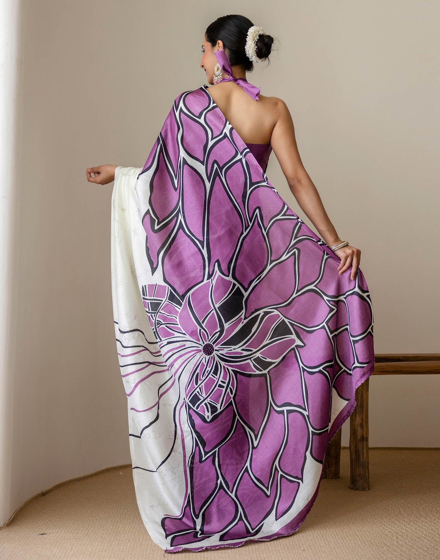 Dark Purple Khadi Printed Saree - Image 6