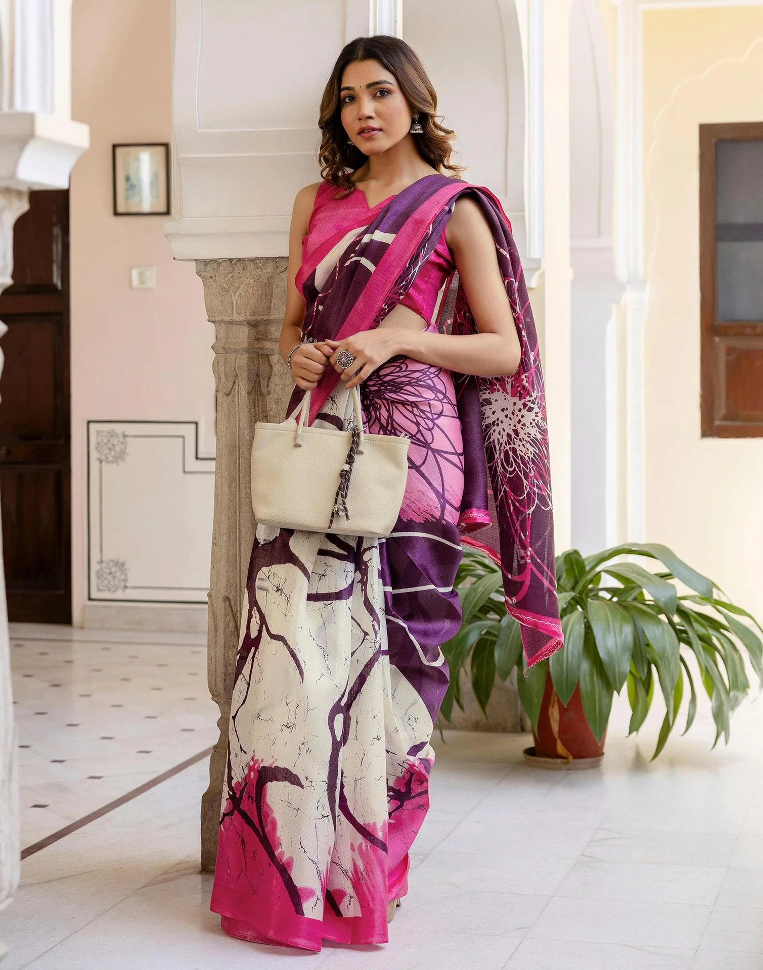 Dark Purple Khadi Printed Saree - Image 2