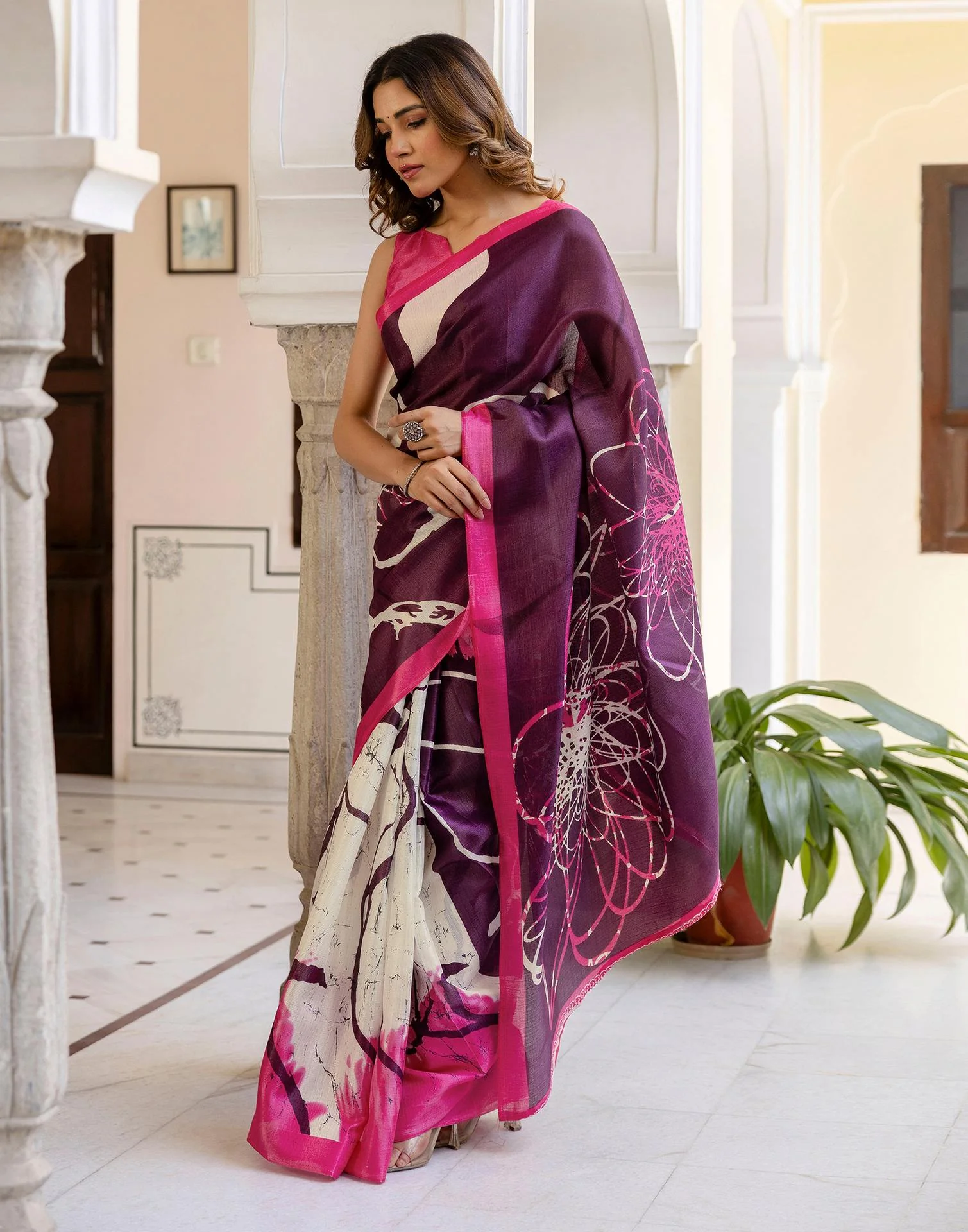 Dark Purple Khadi Printed Saree - Image 4