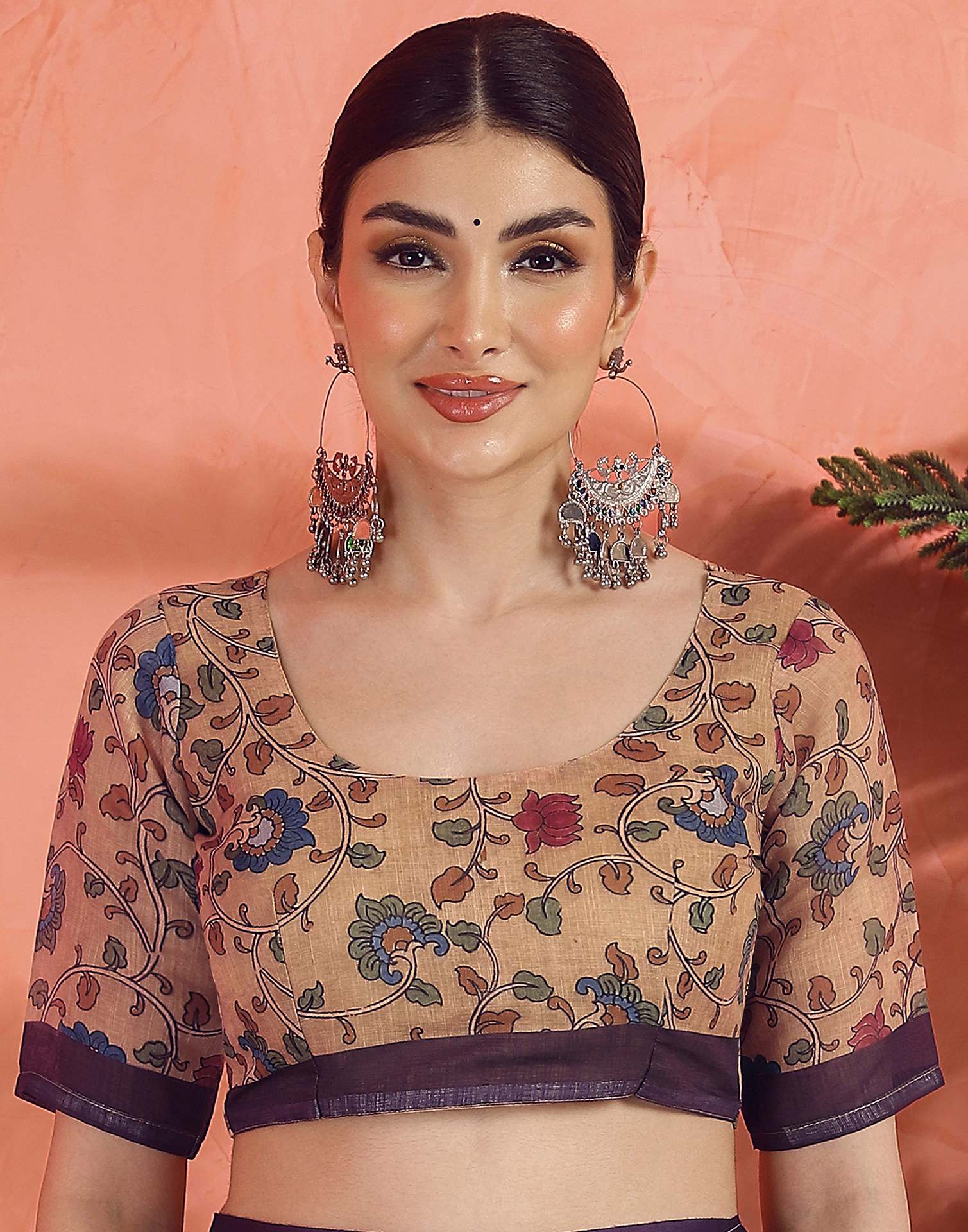 Dark Purple Linen Printed Saree - Image 10