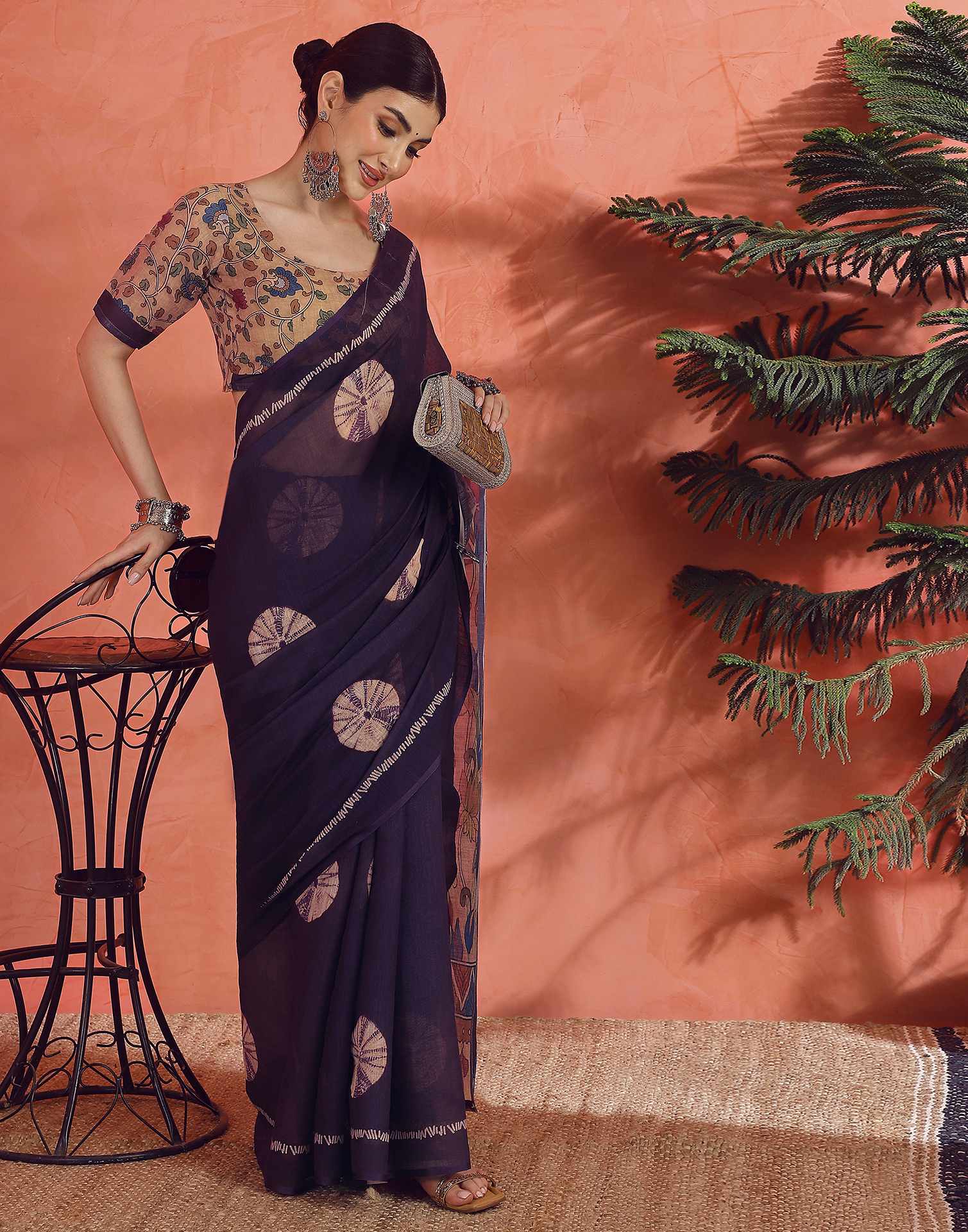 Dark Purple Linen Printed Saree - Image 6