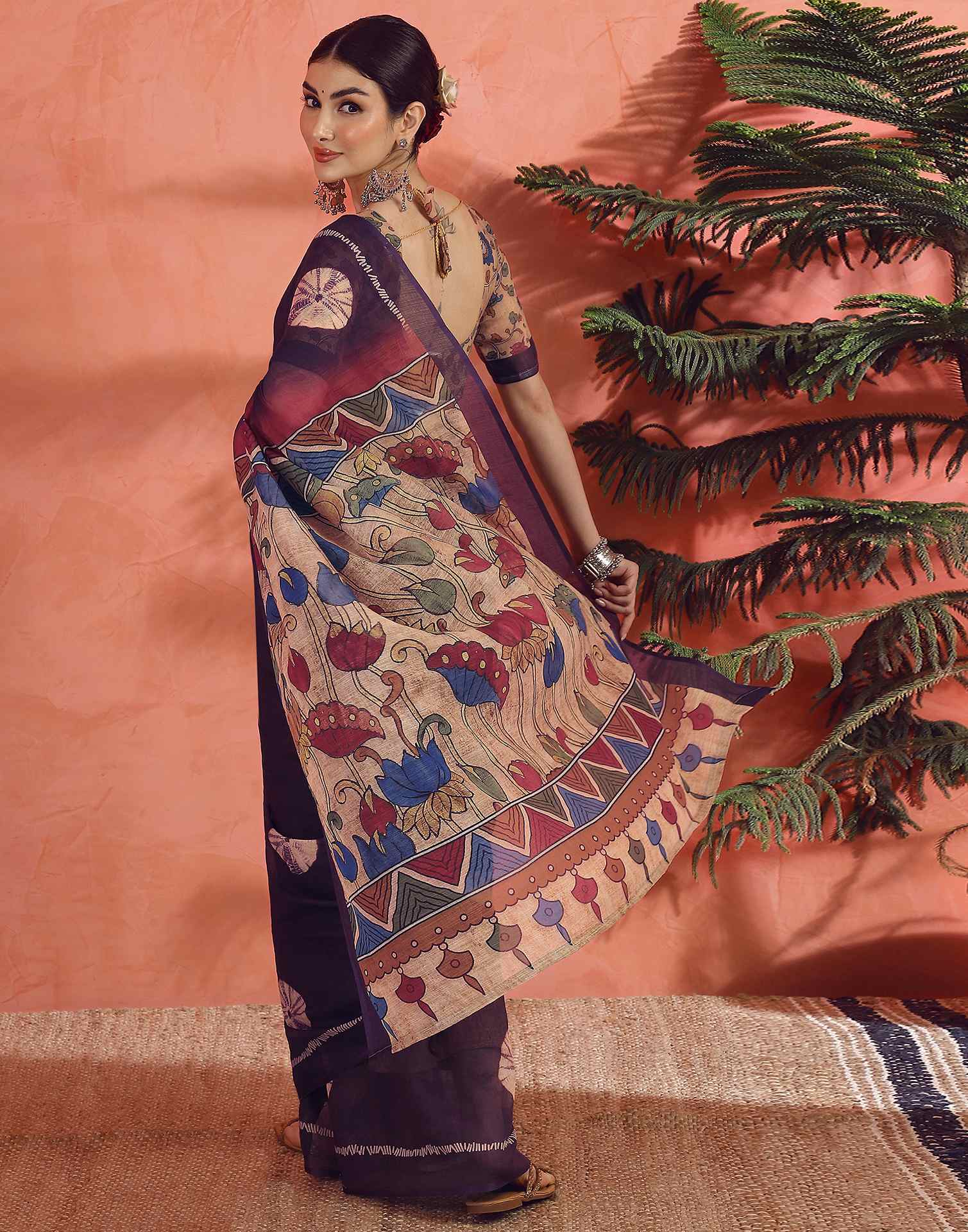Dark Purple Linen Printed Saree - Image 7