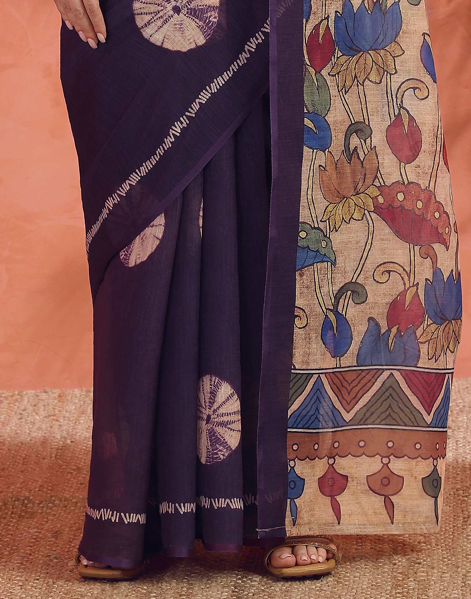 Dark Purple Linen Printed Saree - Image 8