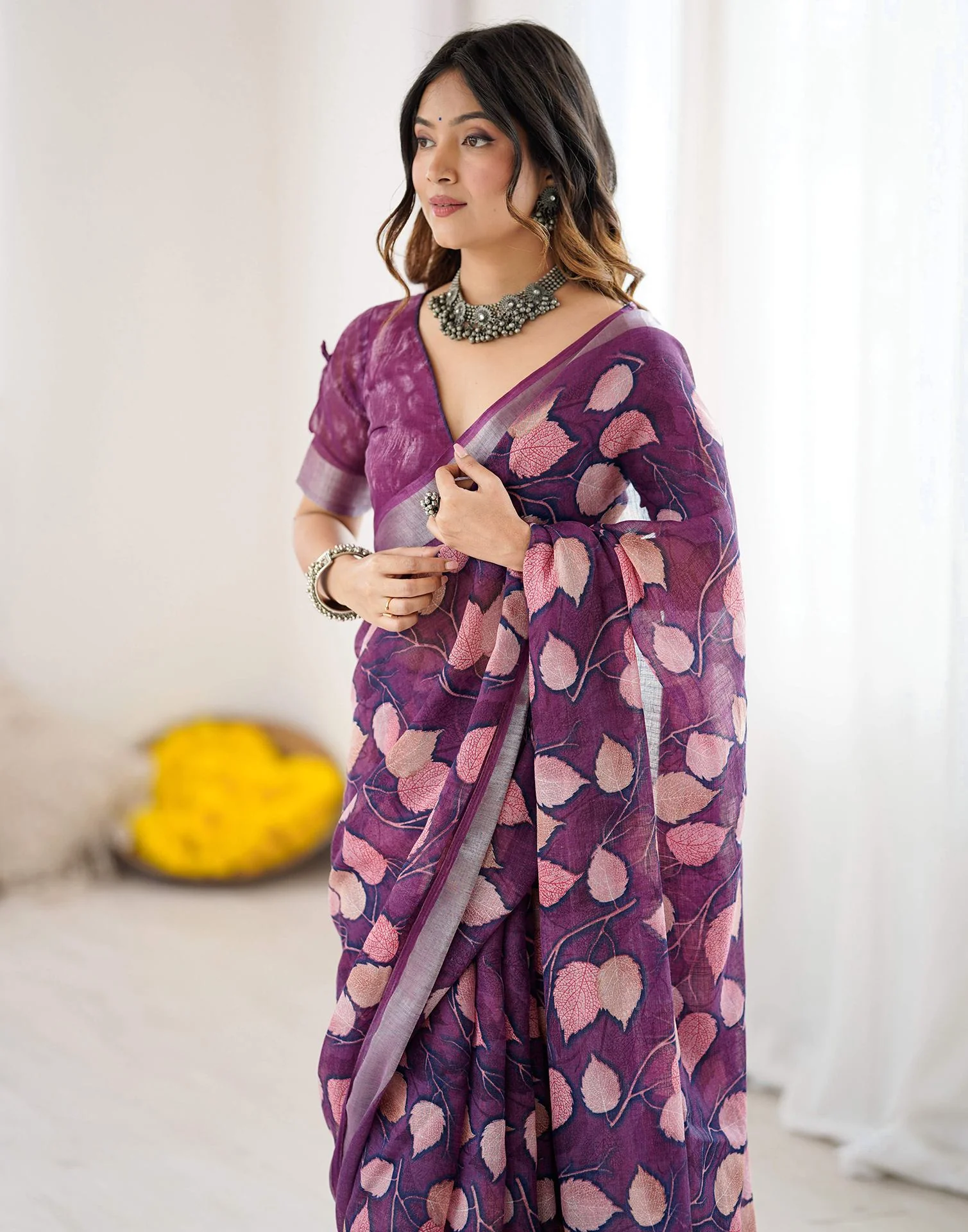 Dark Purple Linen Printed Saree - Image 4
