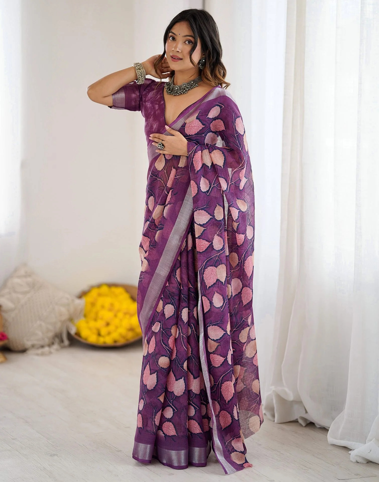 Dark Purple Linen Printed Saree - Image 5
