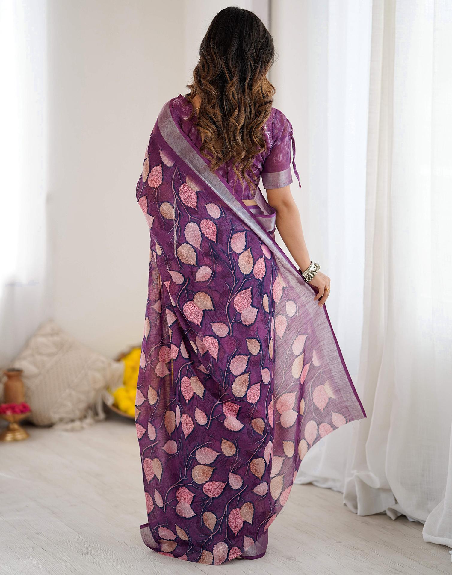 Dark Purple Linen Printed Saree - Image 7