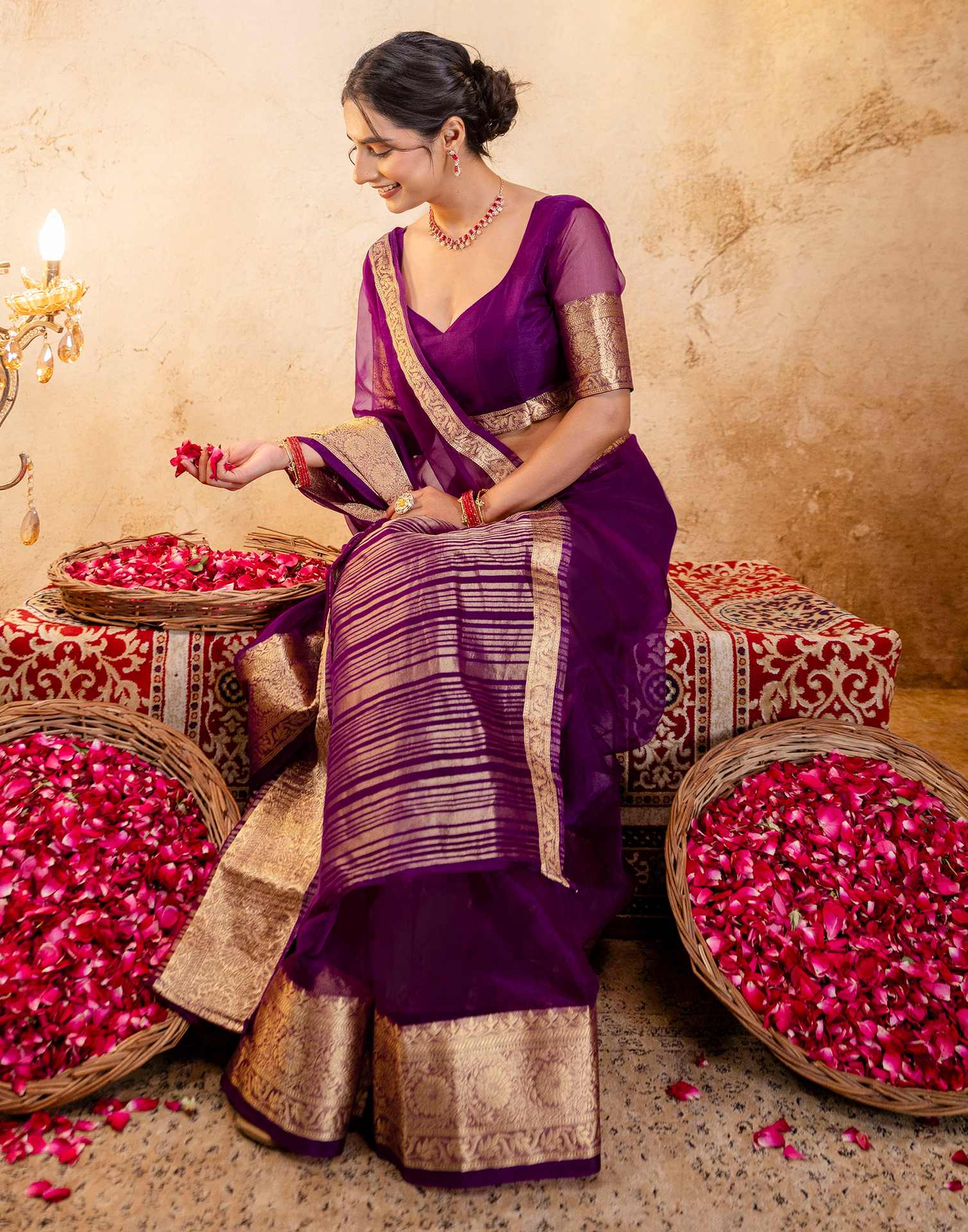 Dark Purple Organza Woven Border Saree - Image 10