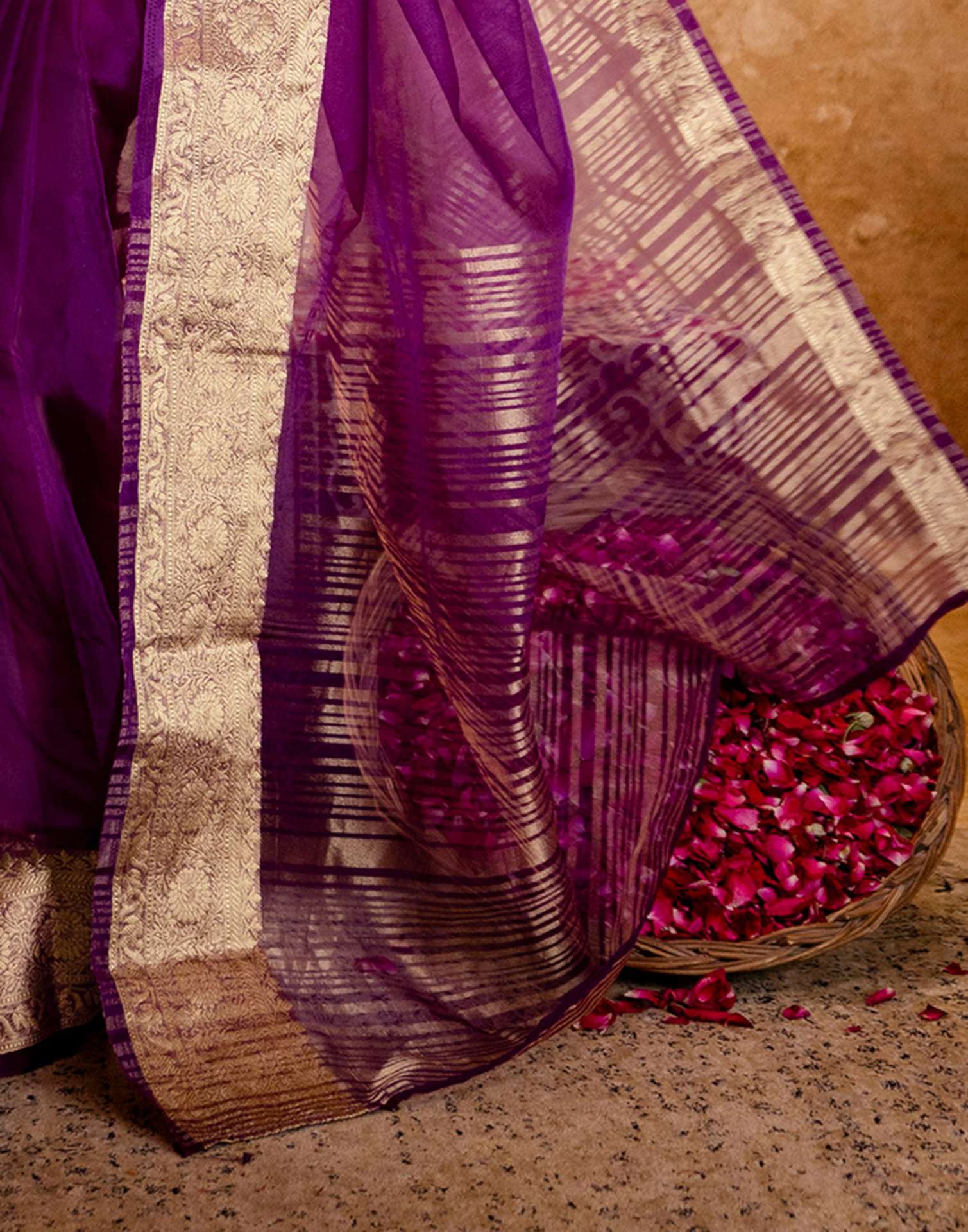Dark Purple Organza Woven Border Saree - Image 11