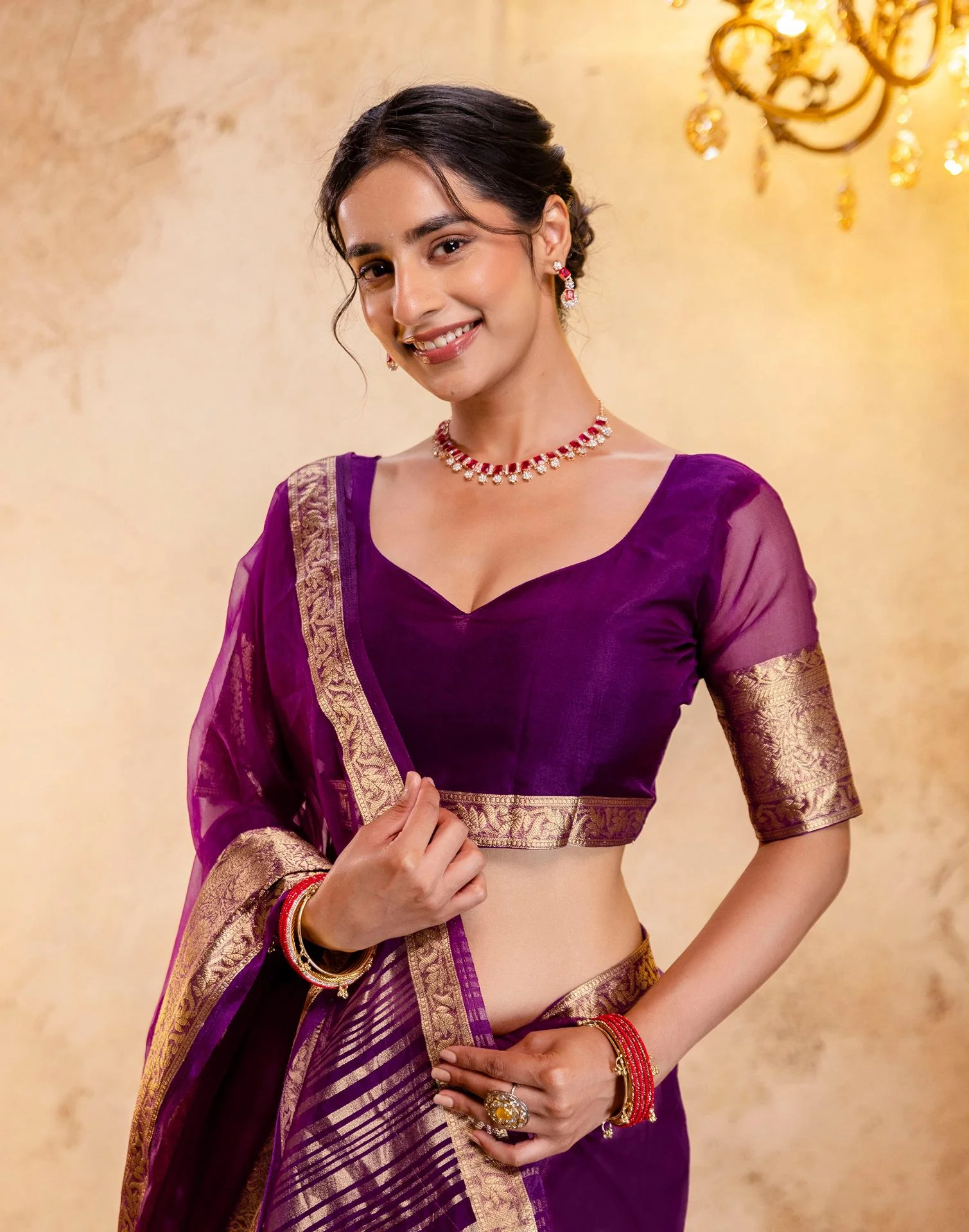 Dark Purple Organza Woven Border Saree - Image 12