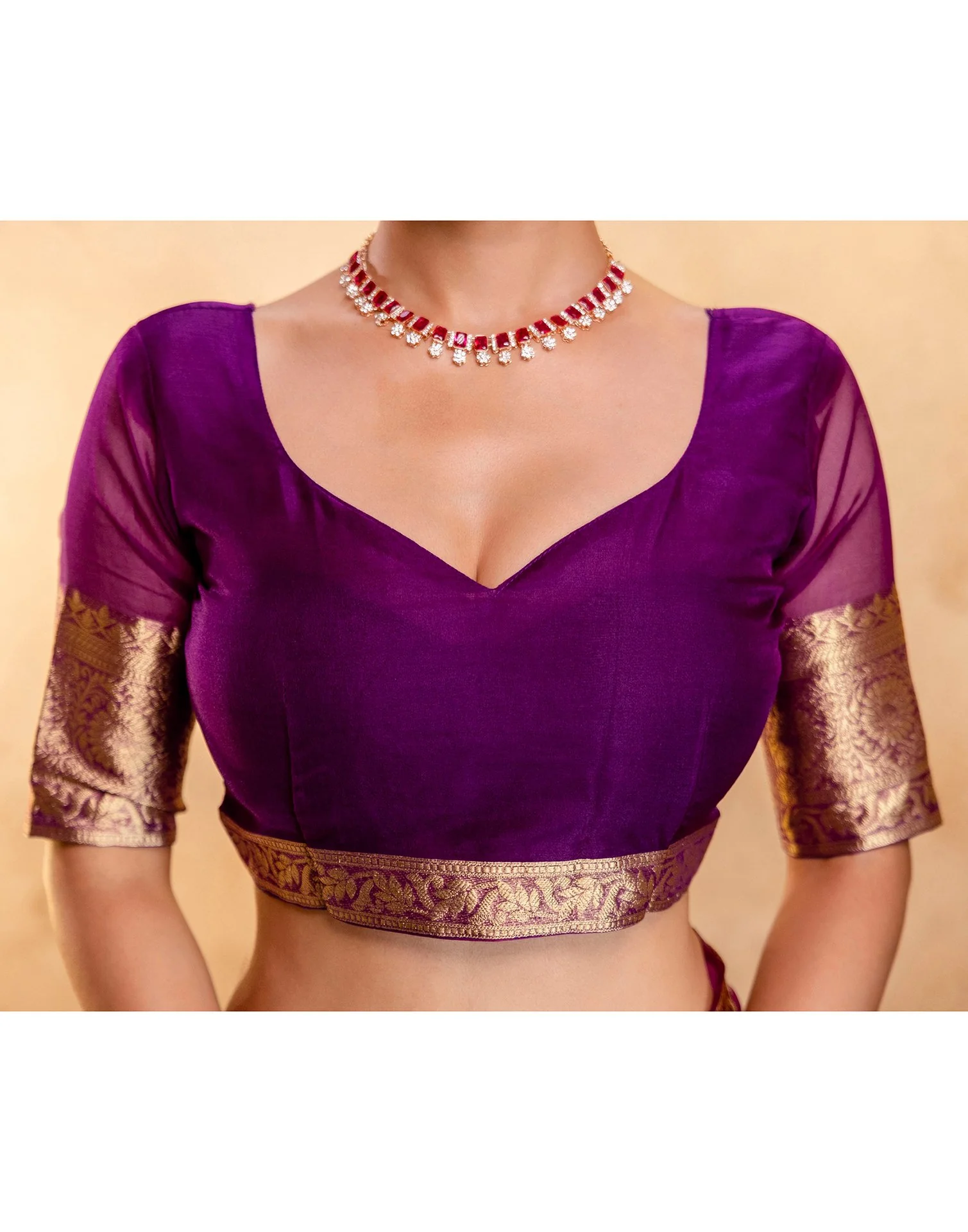 Dark Purple Organza Woven Border Saree - Image 13