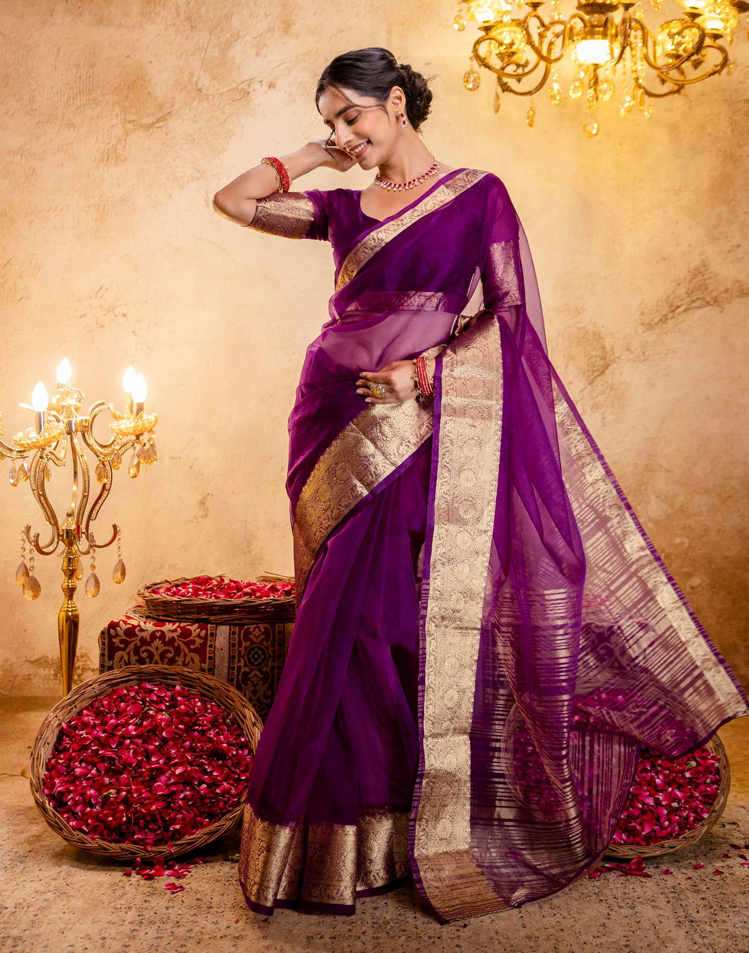 Dark Purple Organza Woven Border Saree - Image 4