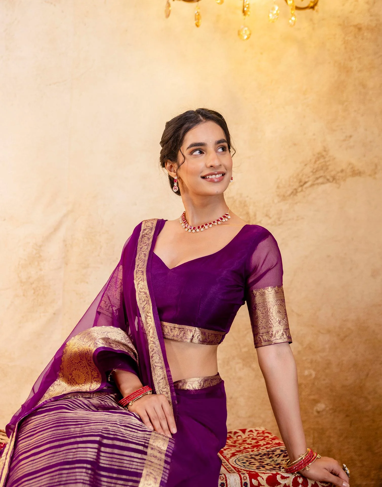 Dark Purple Organza Woven Border Saree - Image 5