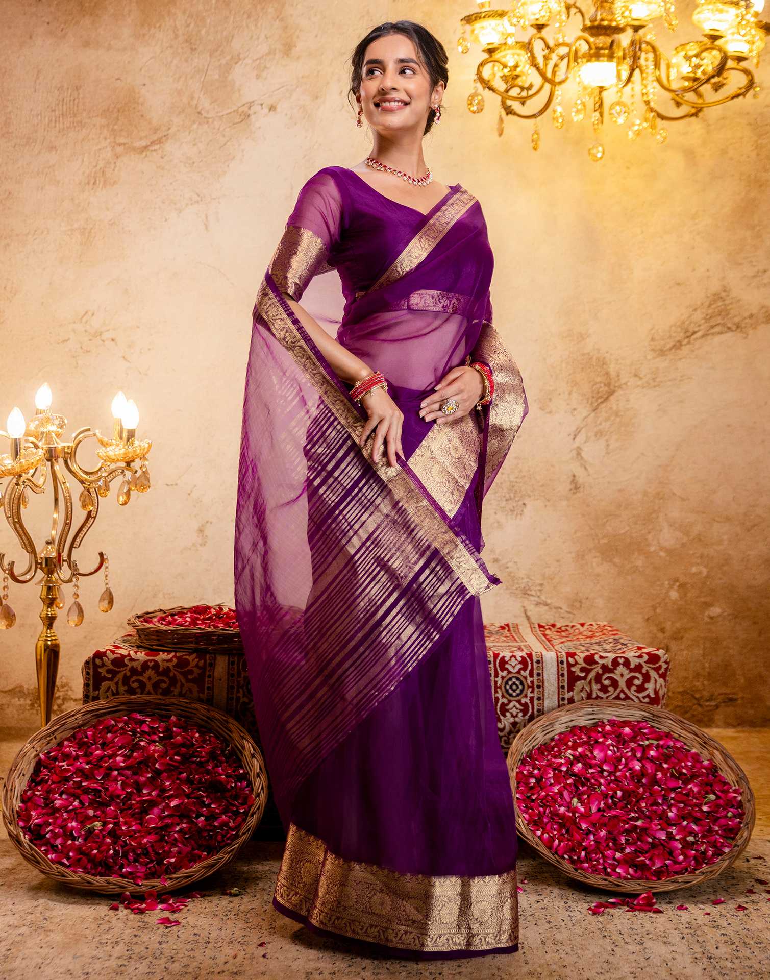Dark Purple Organza Woven Border Saree - Image 6