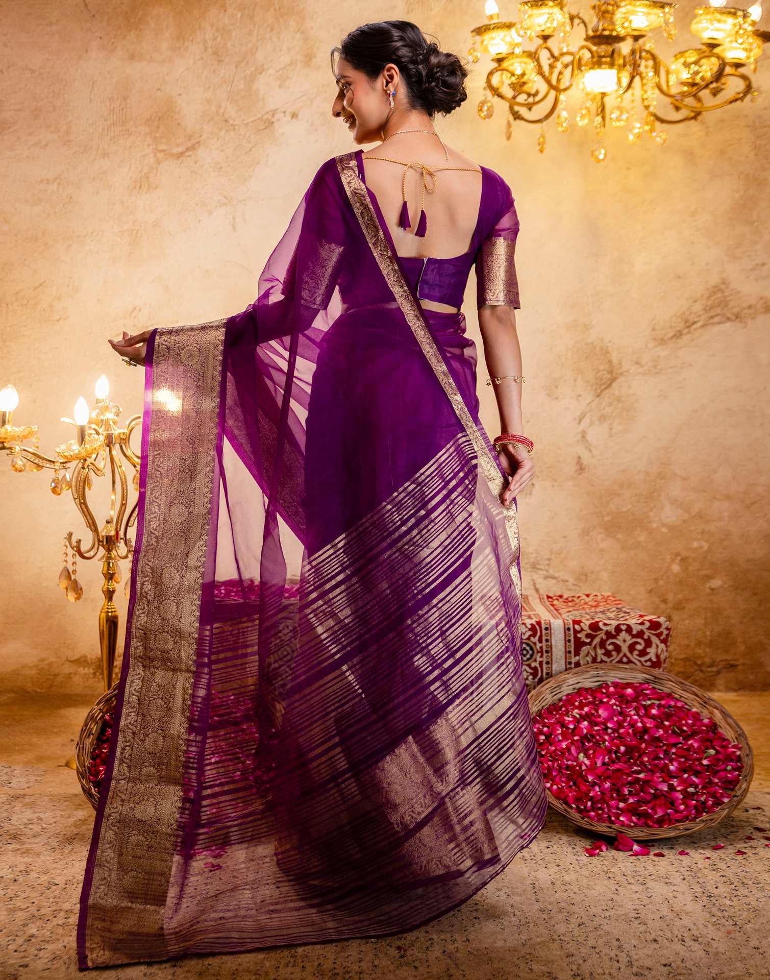 Dark Purple Organza Woven Border Saree - Image 7