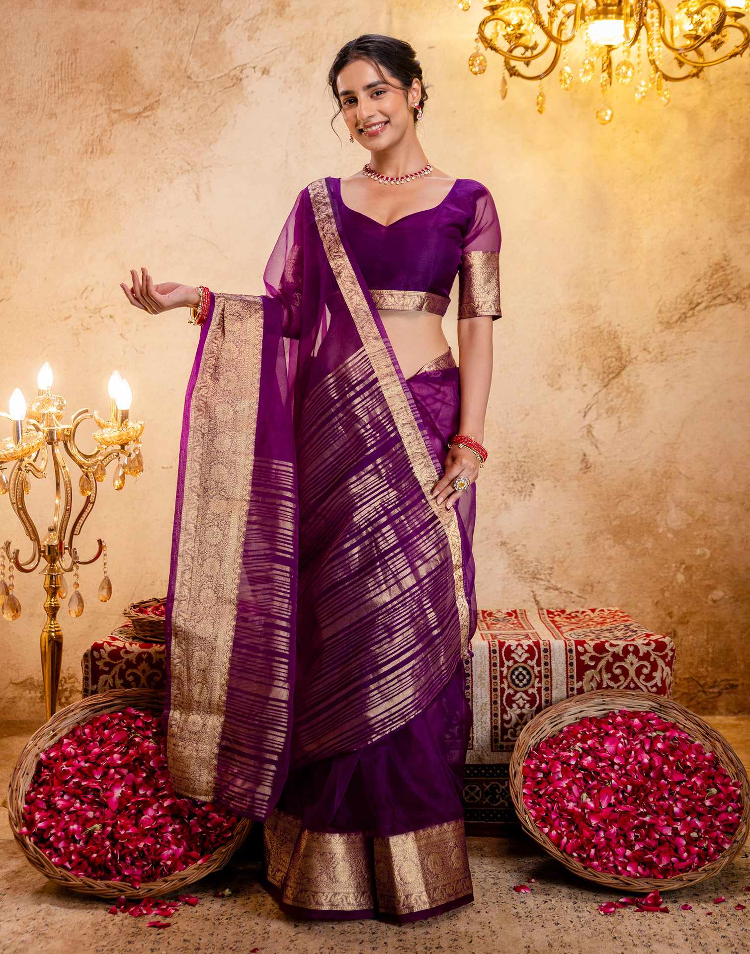 Dark Purple Organza Woven Border Saree - Image 8