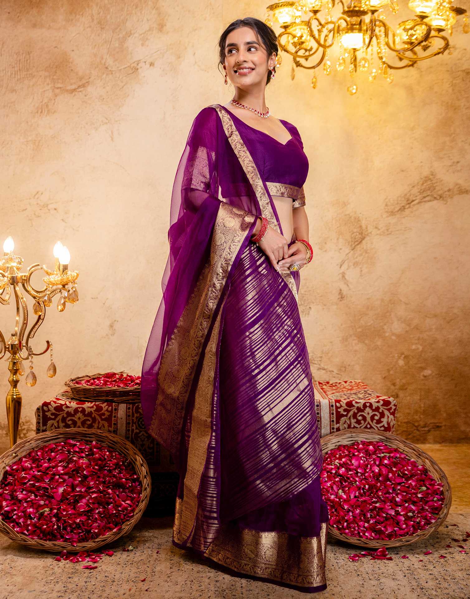 Dark Purple Organza Woven Border Saree - Image 9