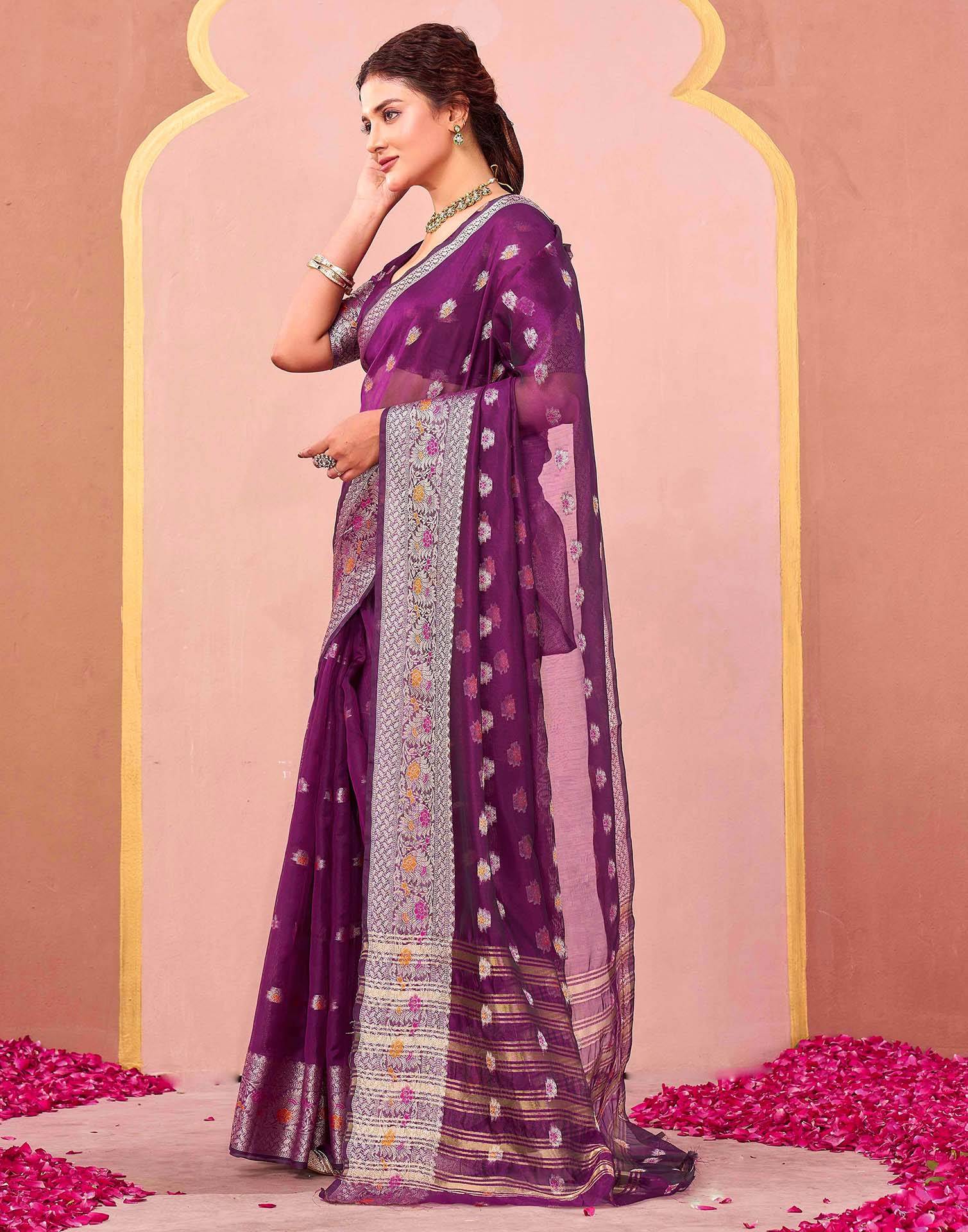 Dark Purple Organza Woven Saree - Image 4