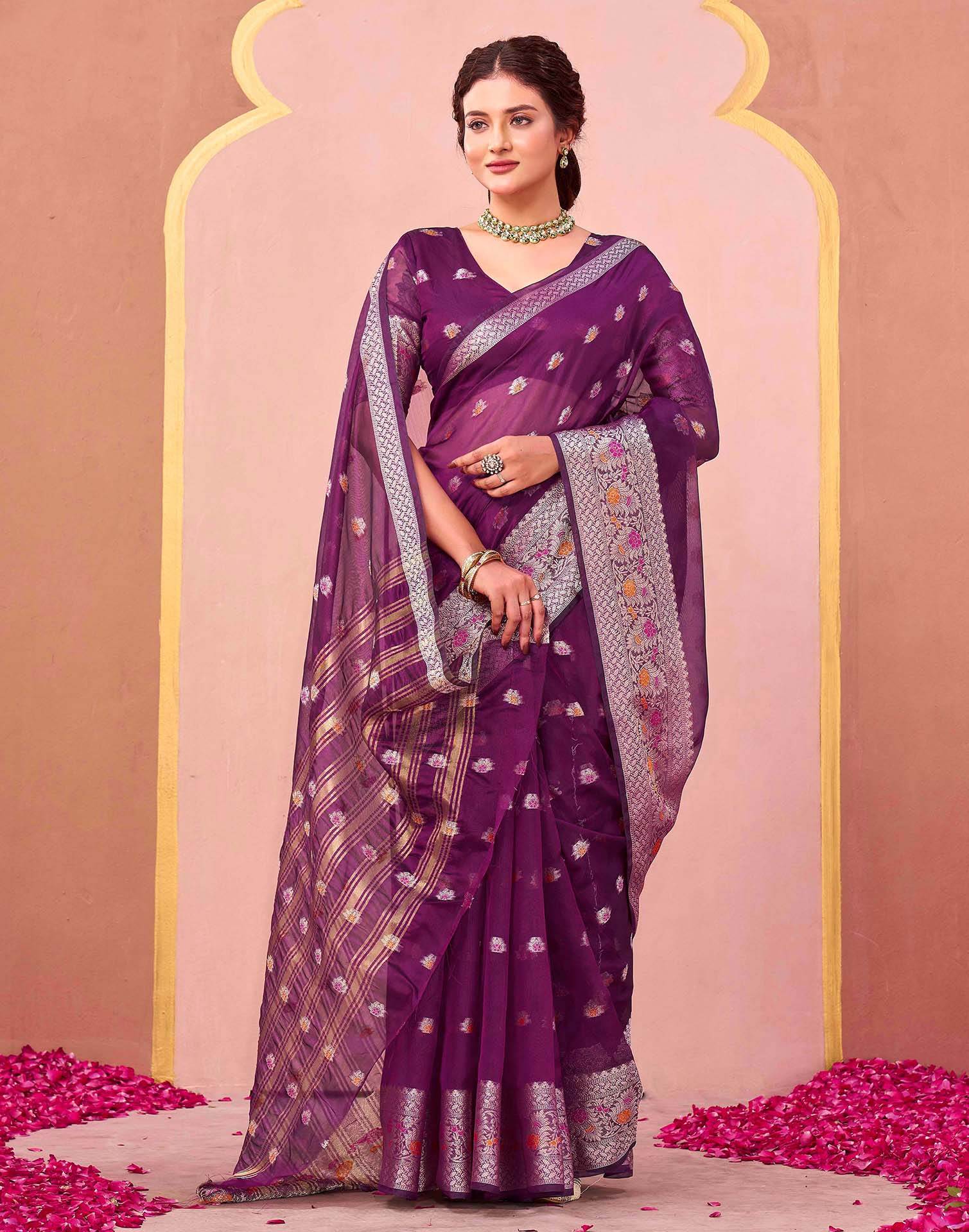 Dark Purple Organza Woven Saree - Image 5