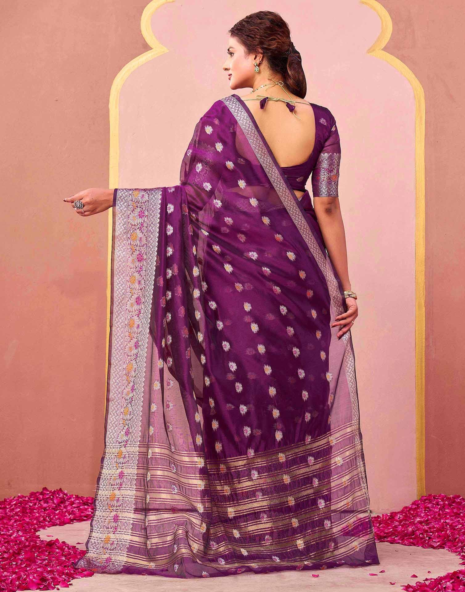 Dark Purple Organza Woven Saree - Image 6