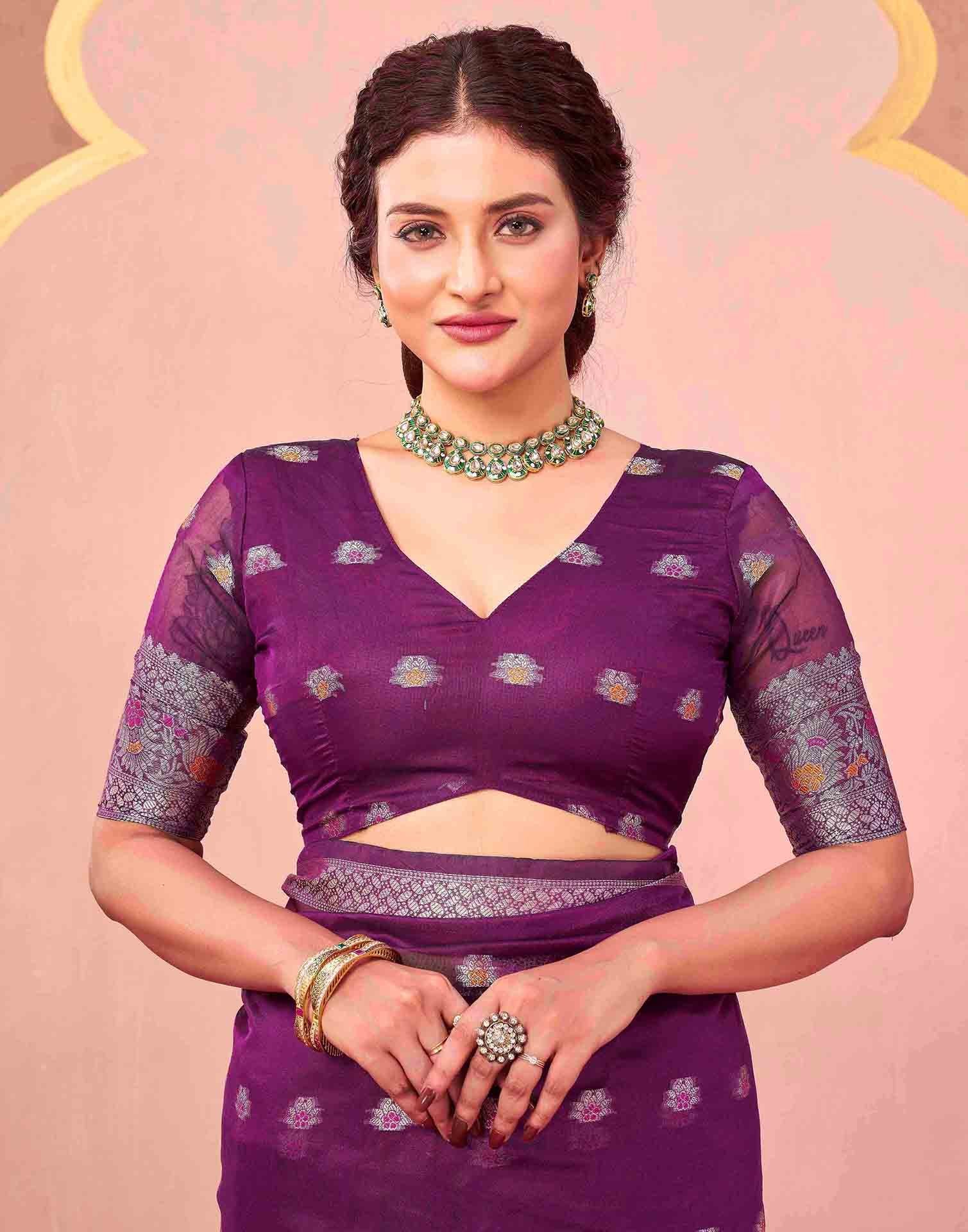 Dark Purple Organza Woven Saree - Image 7