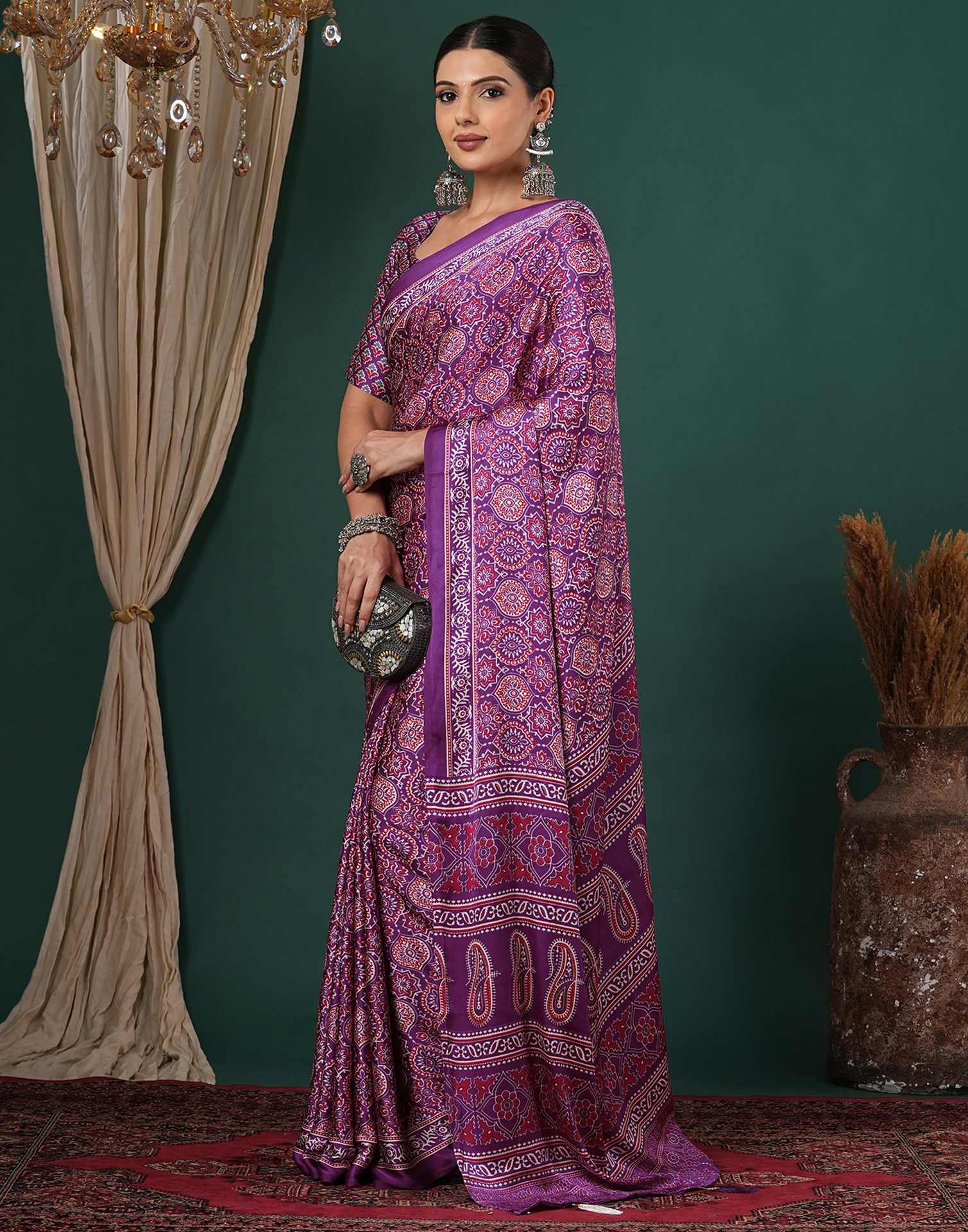 Dark Purple Satin Printed Saree - Image 4