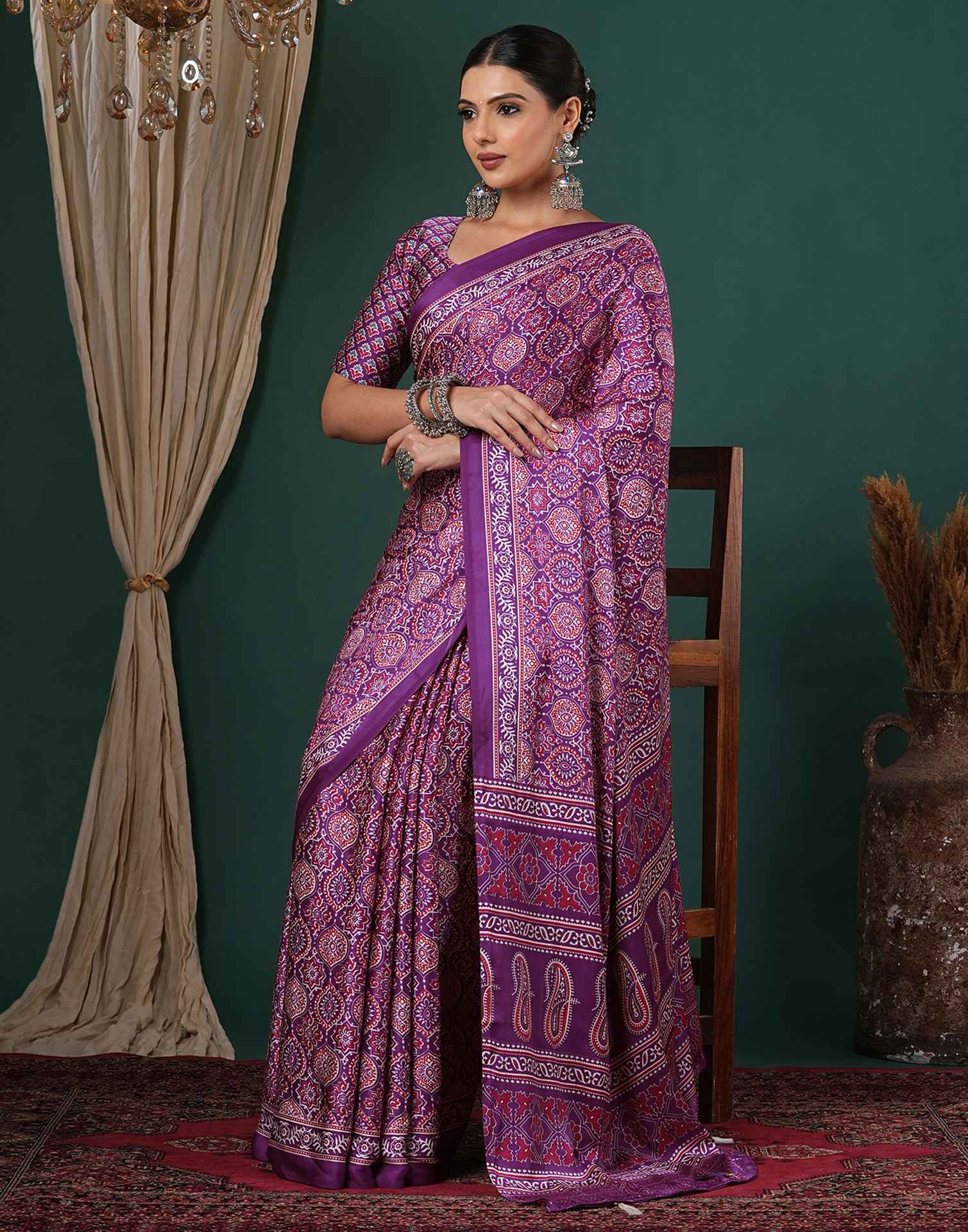 Dark Purple Satin Printed Saree - Image 5