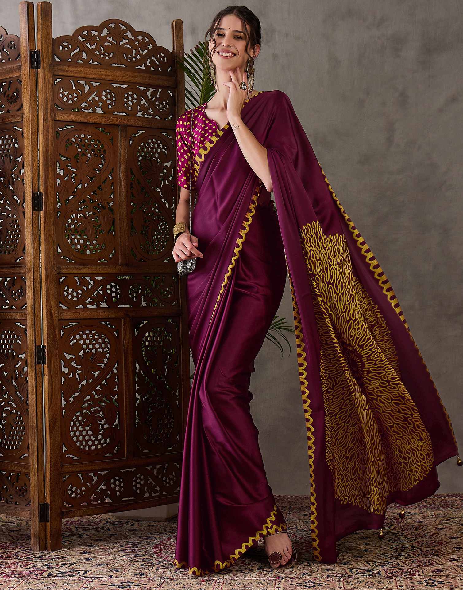 Dark Purple Satin Printed Saree - Image 5