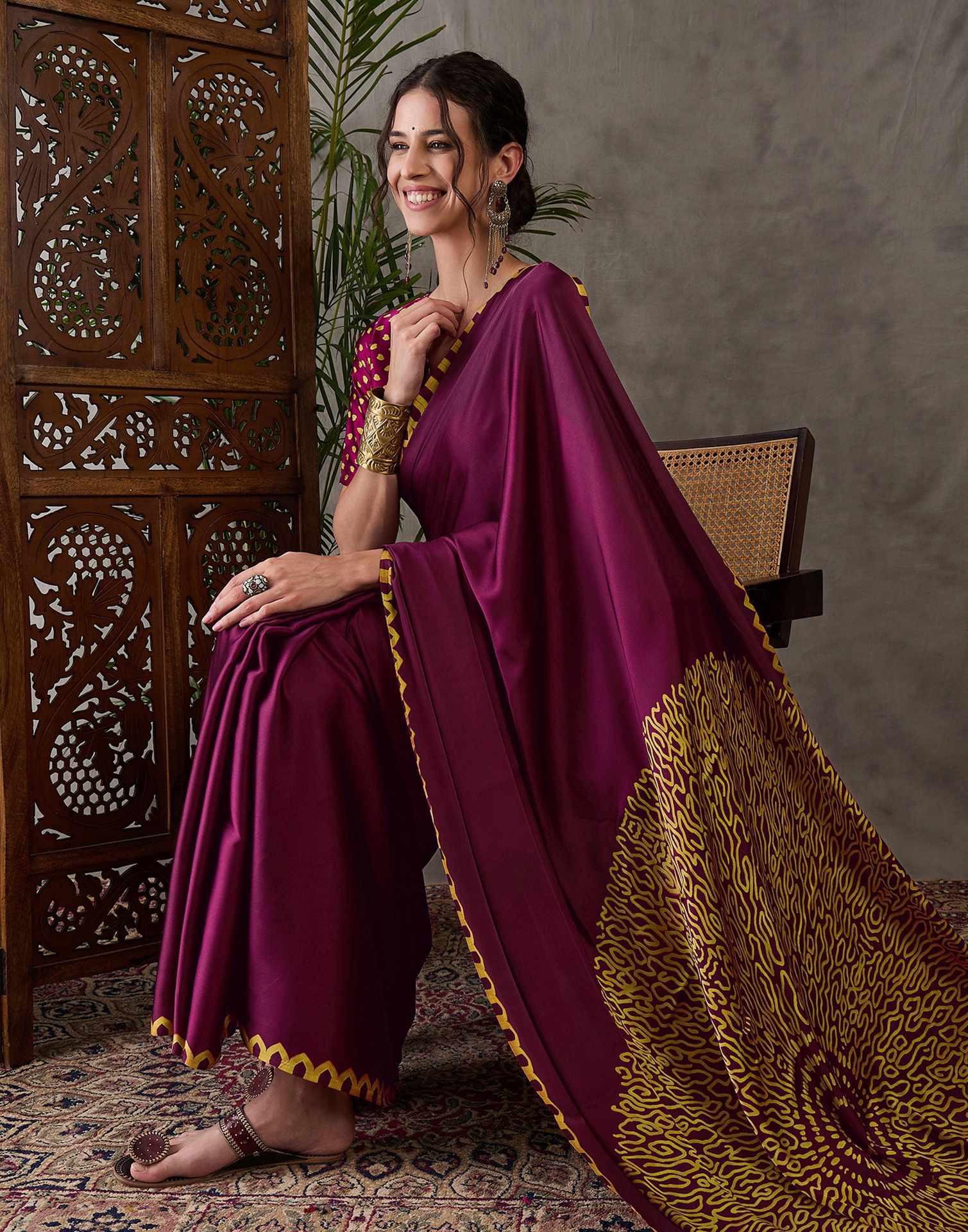 Dark Purple Satin Printed Saree - Image 7