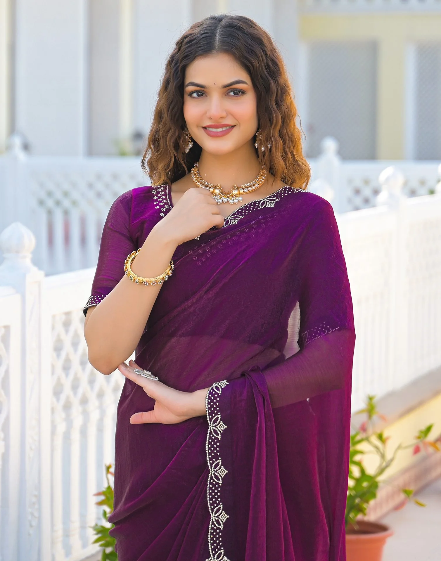 Dark Purple Satin Stone Work Embellished Saree - Image 4