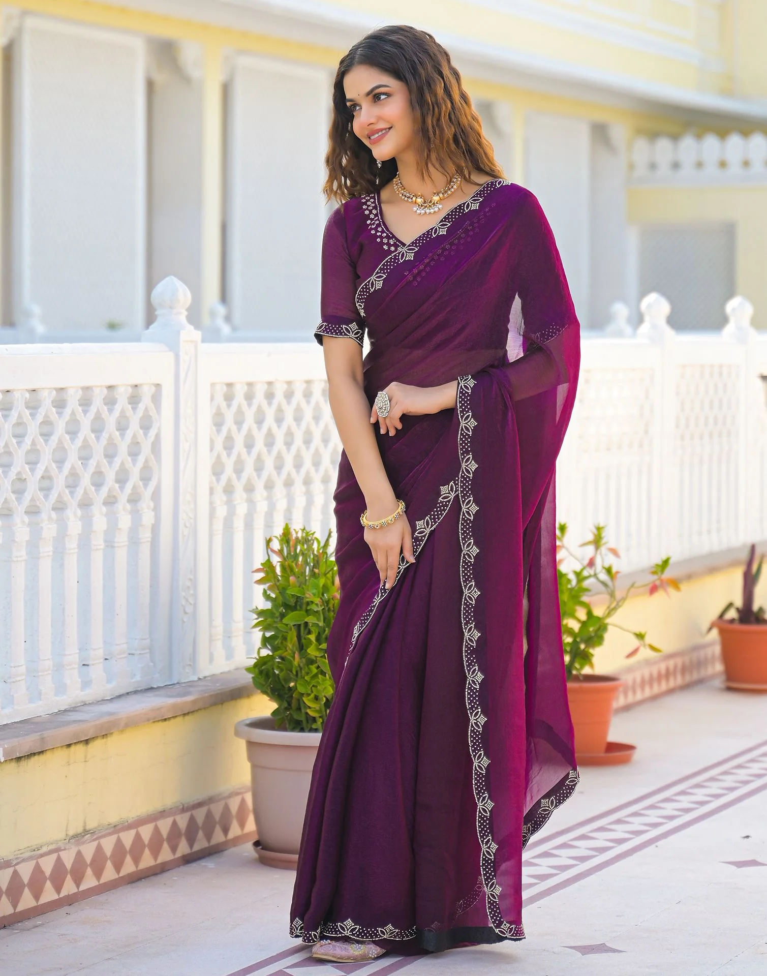 Dark Purple Satin Stone Work Embellished Saree - Image 6