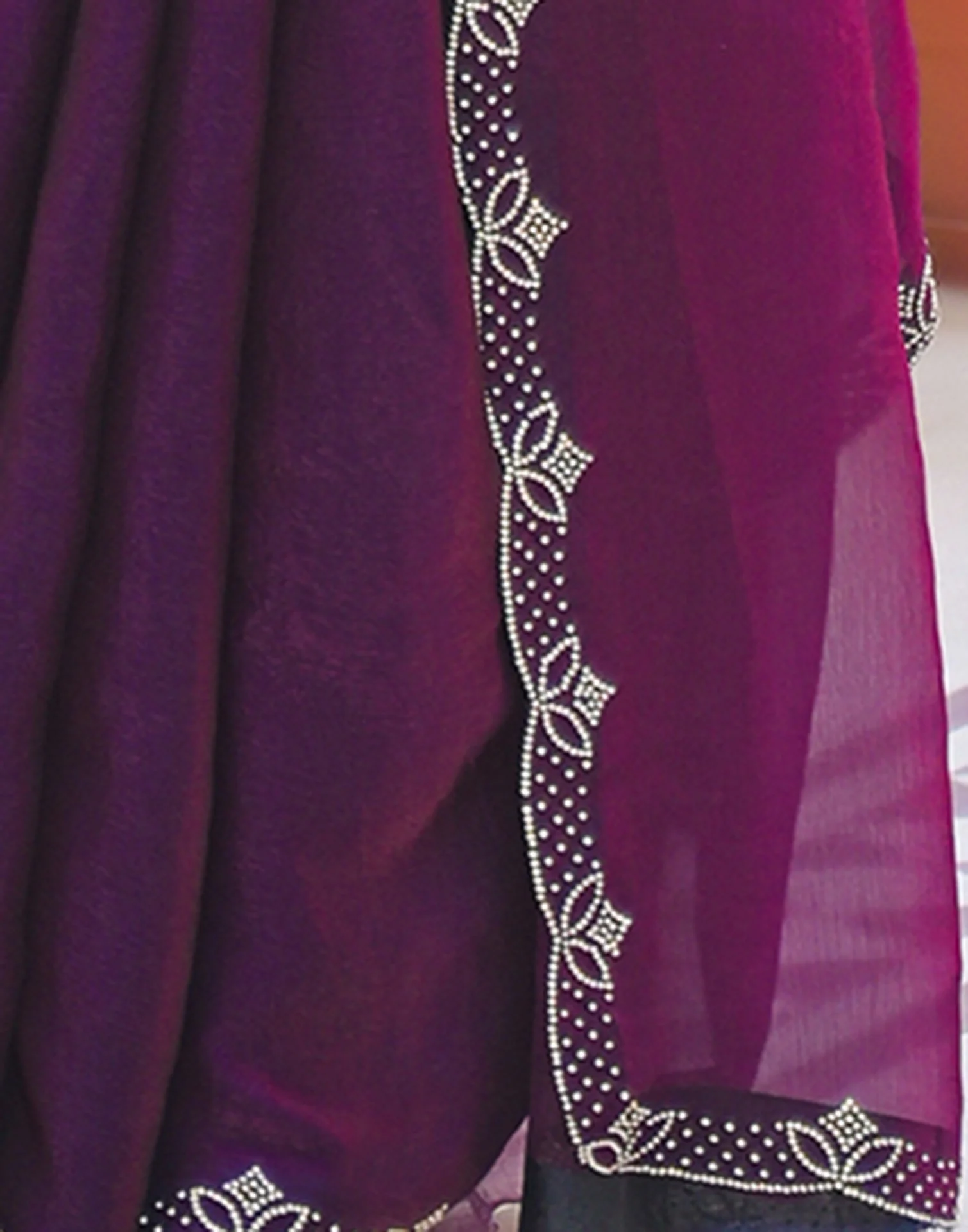 Dark Purple Satin Stone Work Embellished Saree - Image 9