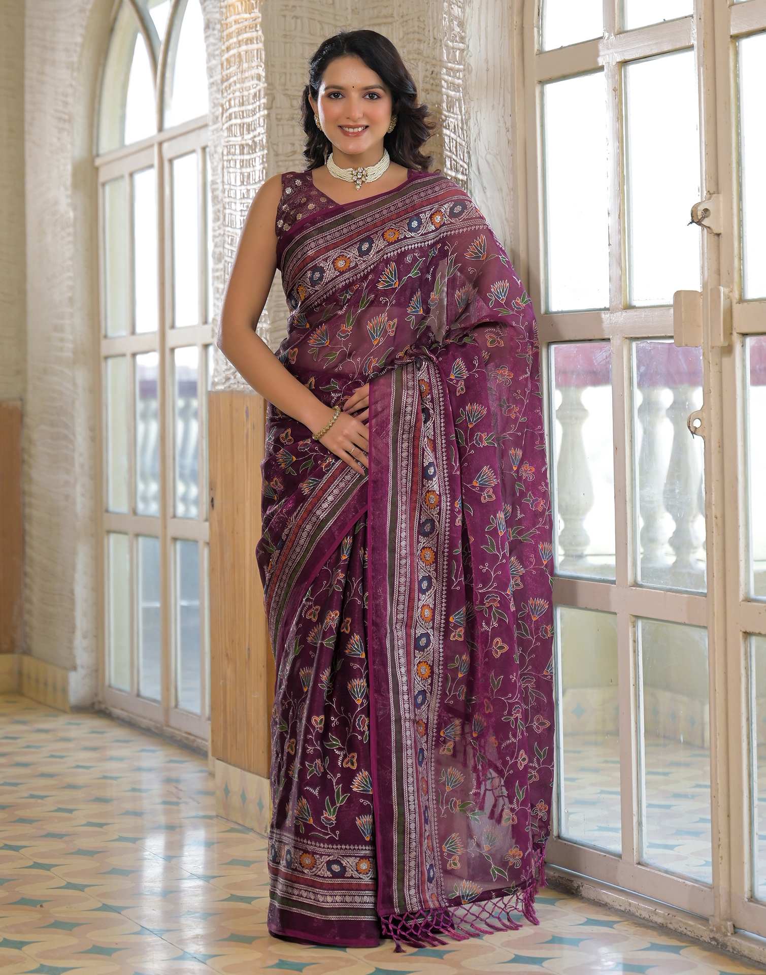 Dark Purple Shimmer Chiffon Foil Printed Saree - Image 2