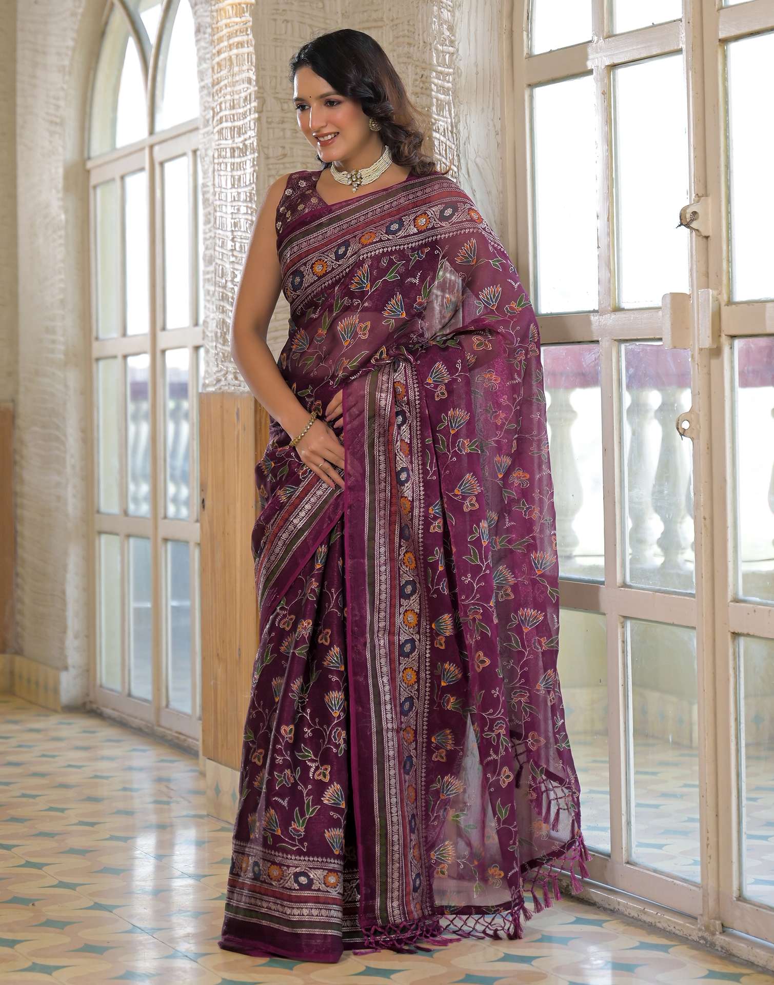 Dark Purple Shimmer Chiffon Foil Printed Saree - Image 5