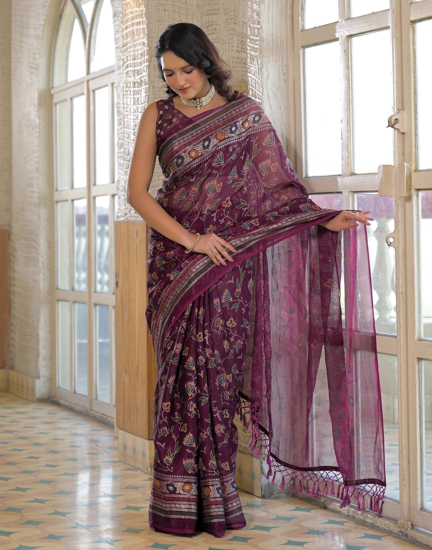 Dark Purple Shimmer Chiffon Foil Printed Saree - Image 6