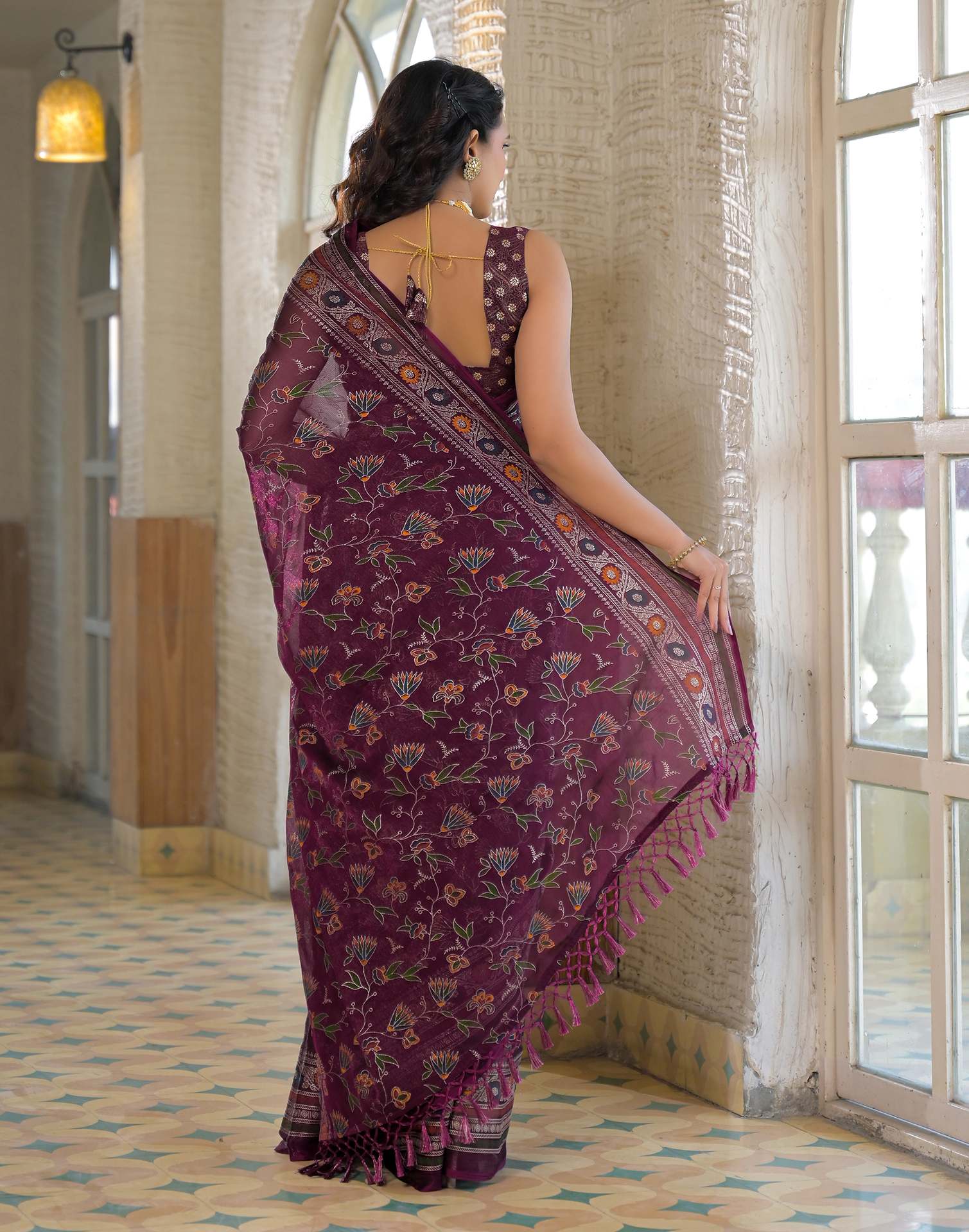 Dark Purple Shimmer Chiffon Foil Printed Saree - Image 7