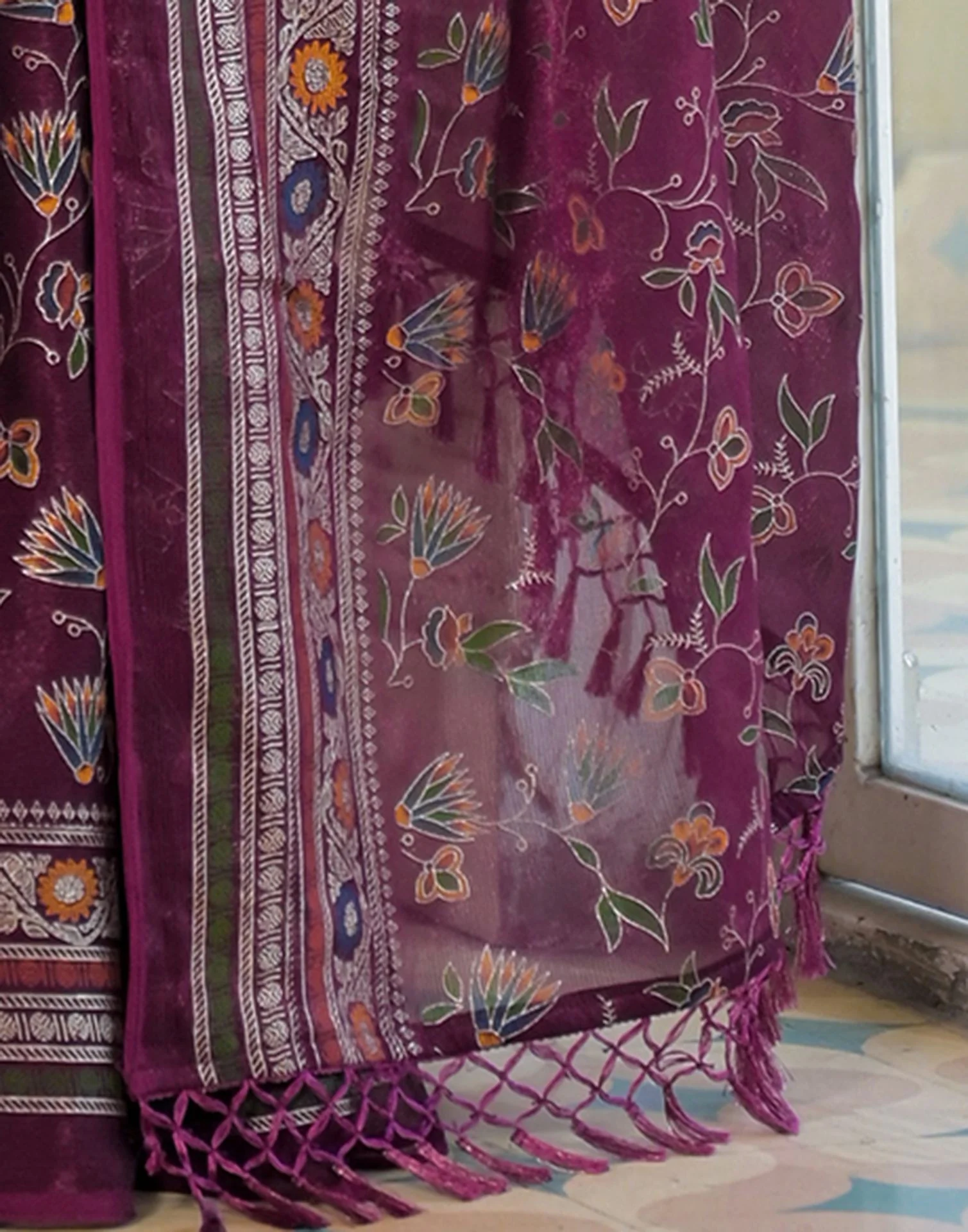 Dark Purple Shimmer Chiffon Foil Printed Saree - Image 9