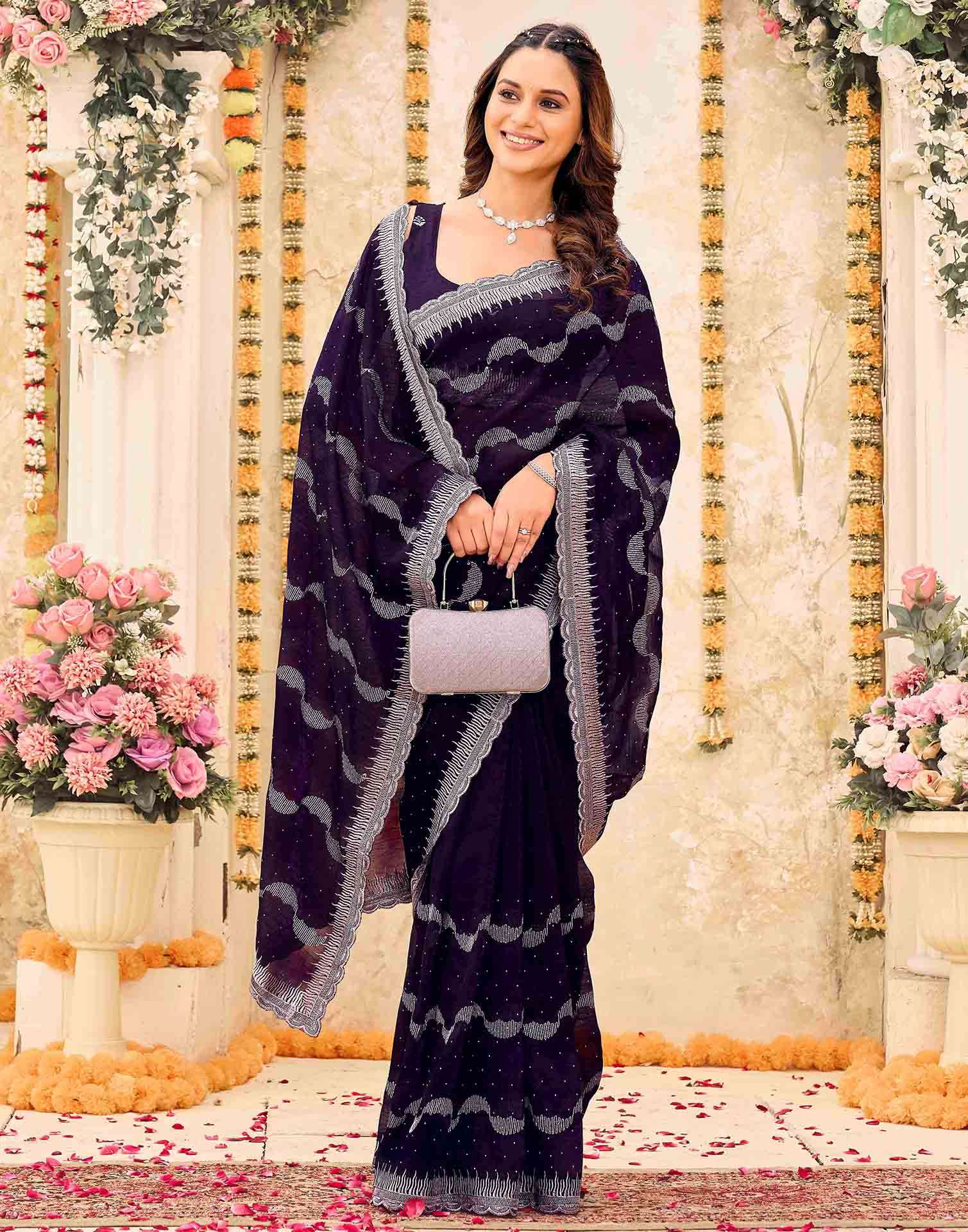Dark Purple Shimmer Embroidery Embellished Saree - Image 5