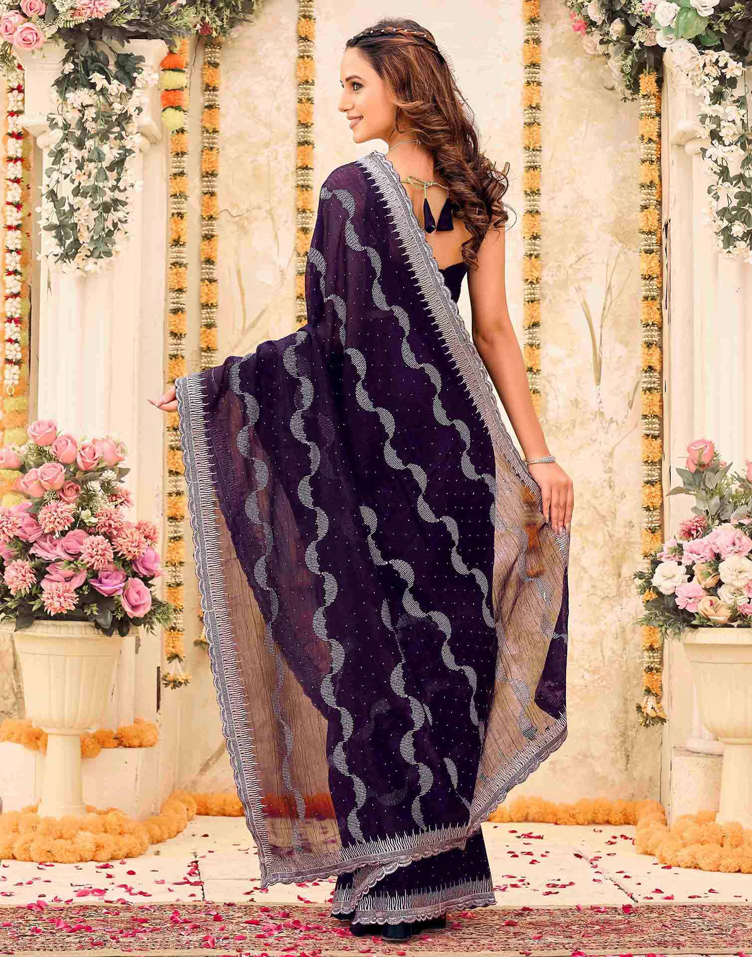 Dark Purple Shimmer Embroidery Embellished Saree - Image 6