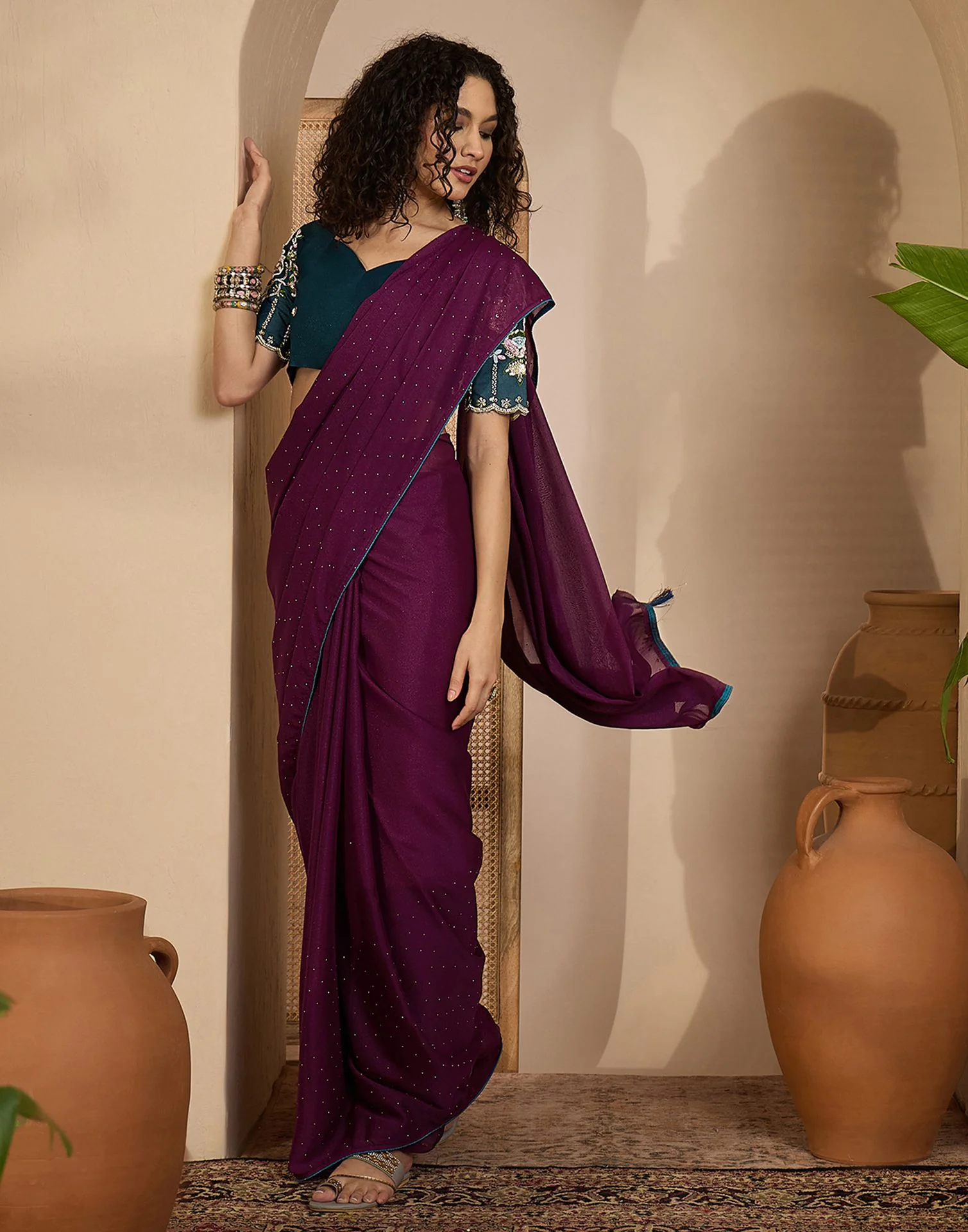 Dark Purple Shimmer Stone Work Embellished saree - Image 5
