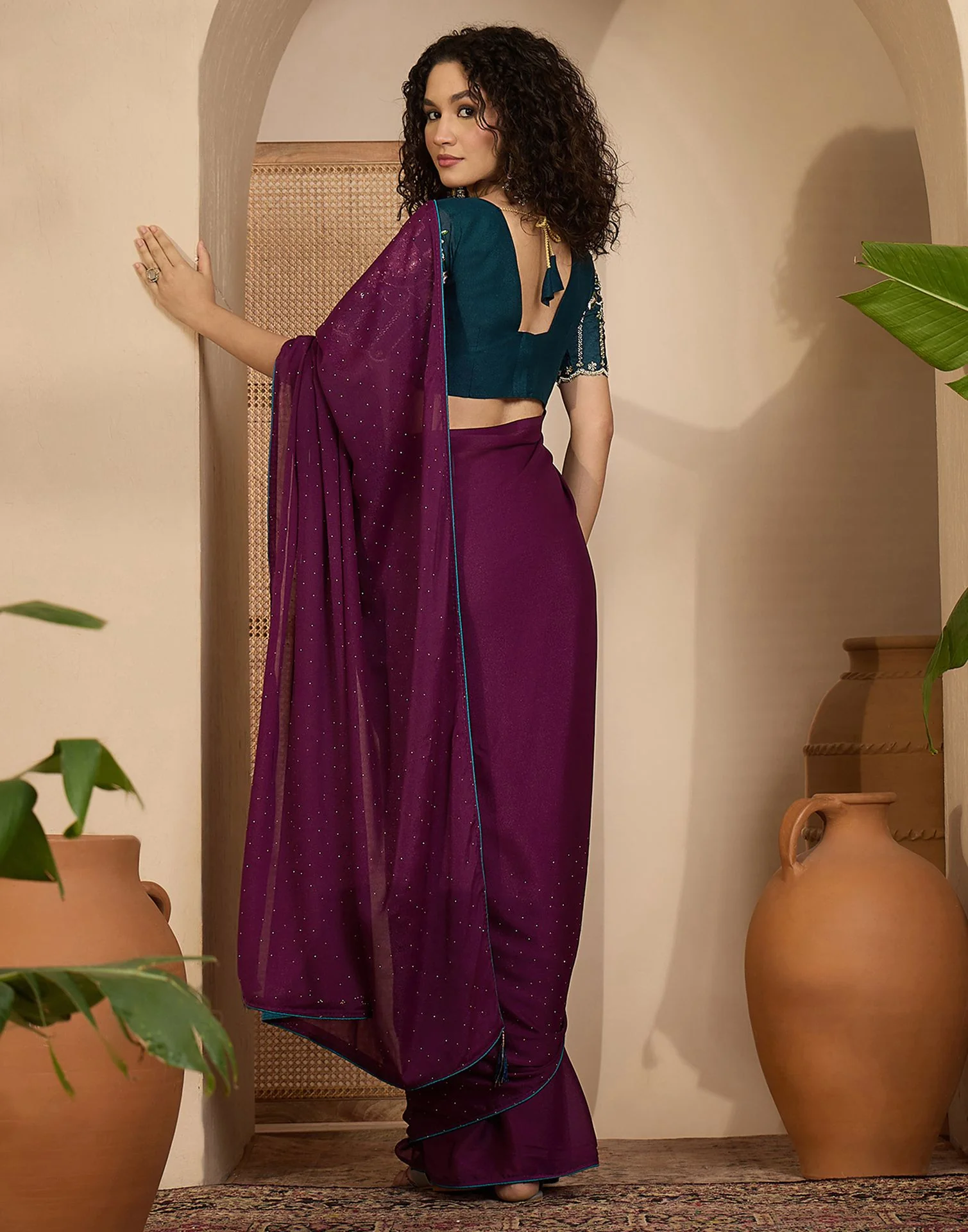 Dark Purple Shimmer Stone Work Embellished saree - Image 6