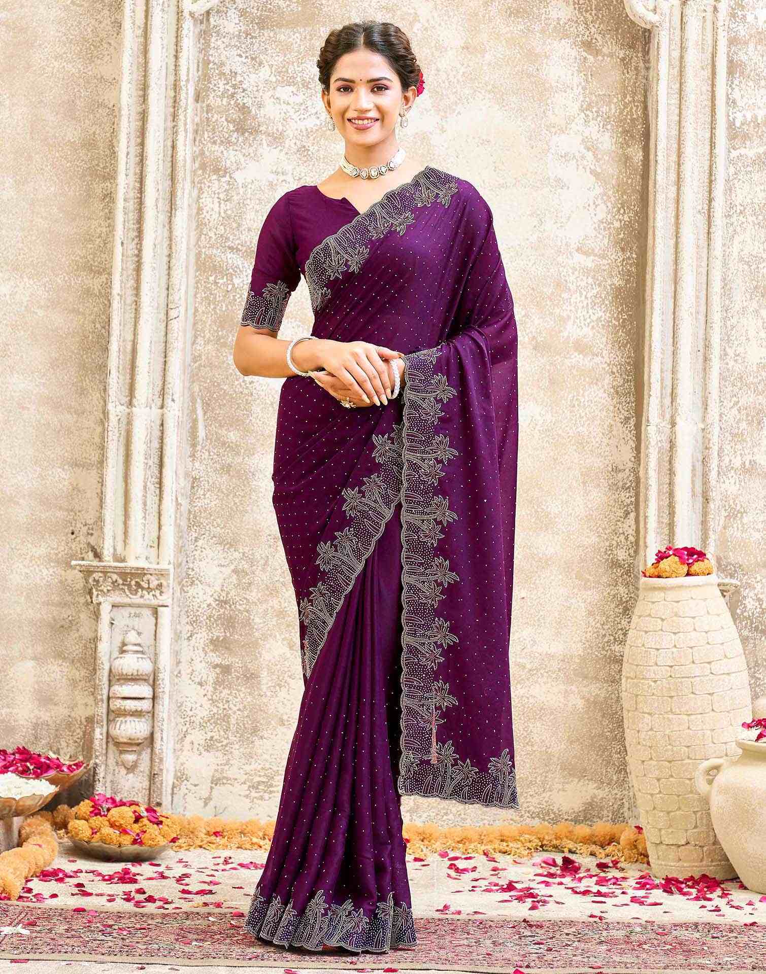 Dark Purple Shimmer Stone Work Swarovski Saree