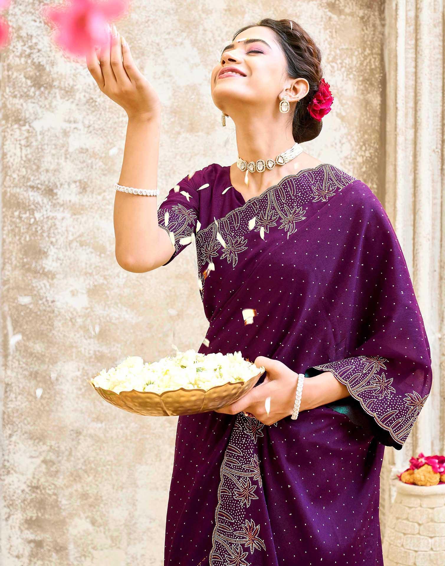 Dark Purple Shimmer Stone Work Swarovski Saree - Image 2