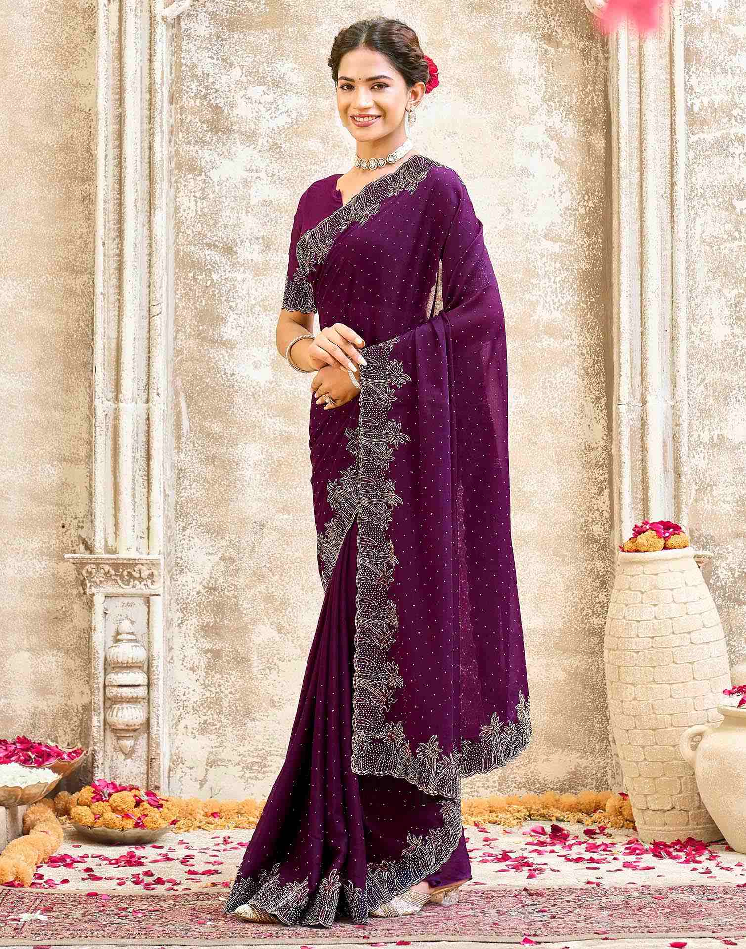 Dark Purple Shimmer Stone Work Swarovski Saree - Image 4