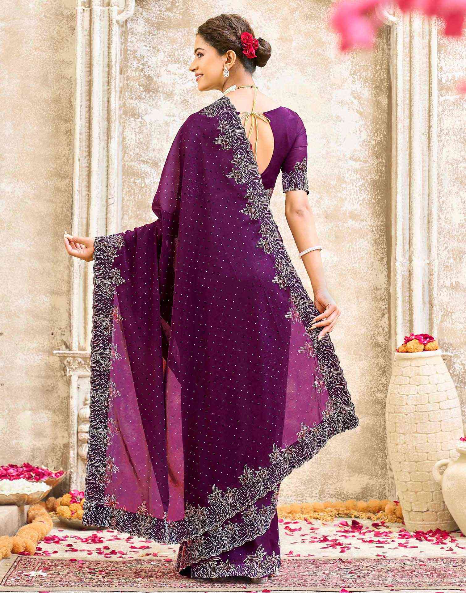 Dark Purple Shimmer Stone Work Swarovski Saree - Image 6