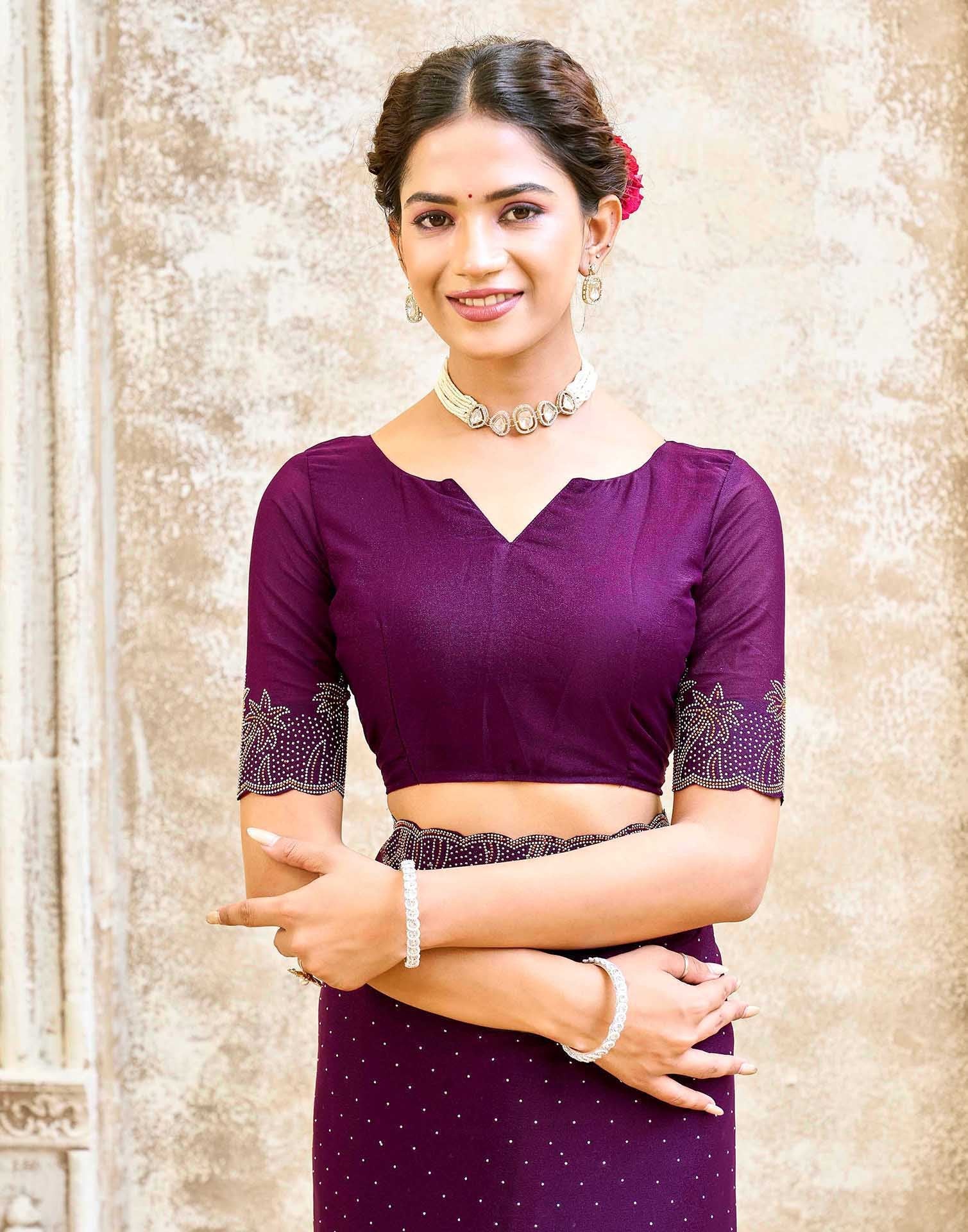 Dark Purple Shimmer Stone Work Swarovski Saree - Image 7