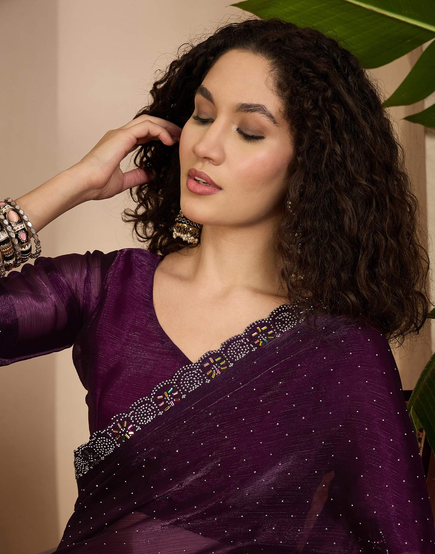 Dark Purple Shimmer Stone Work Swarovski Saree - Image 2