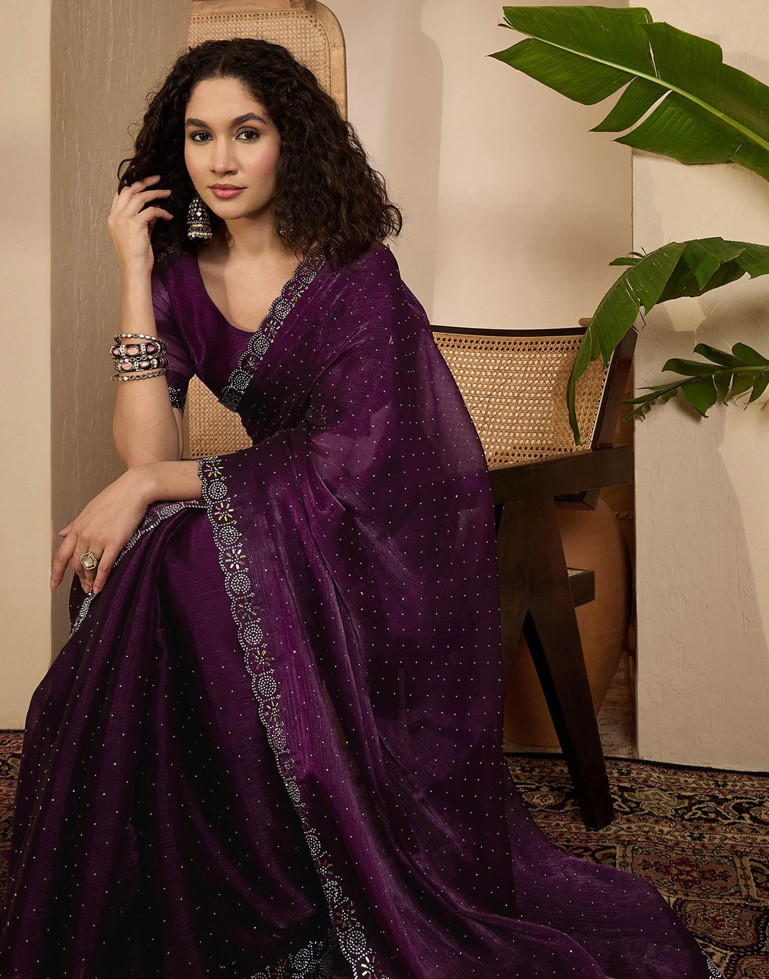 Dark Purple Shimmer Stone Work Swarovski Saree - Image 4