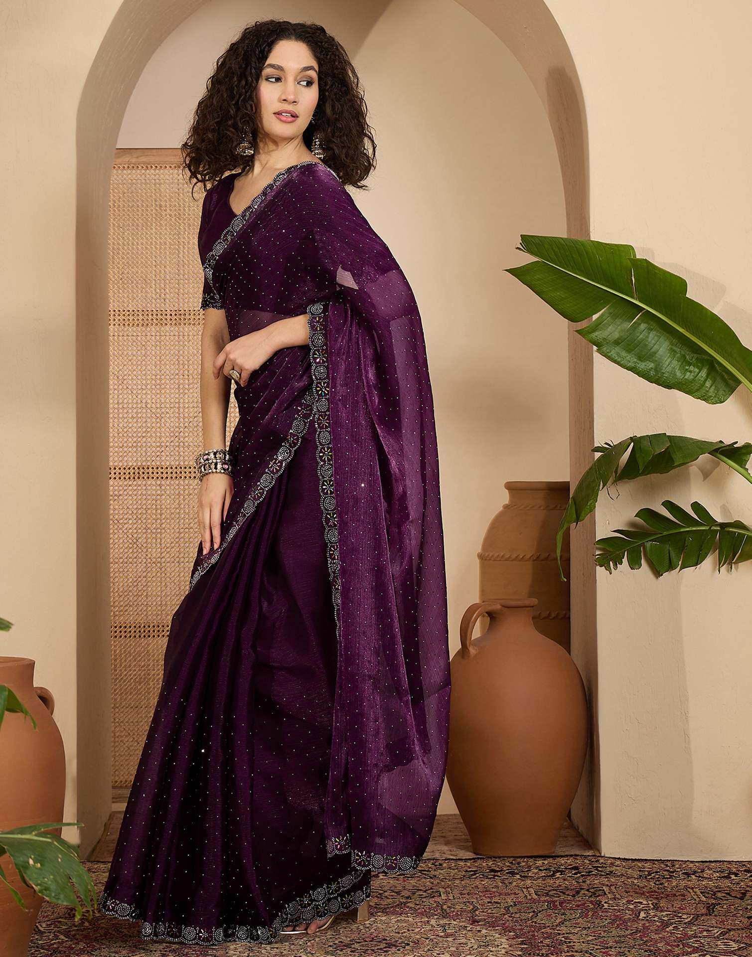 Dark Purple Shimmer Stone Work Swarovski Saree - Image 5