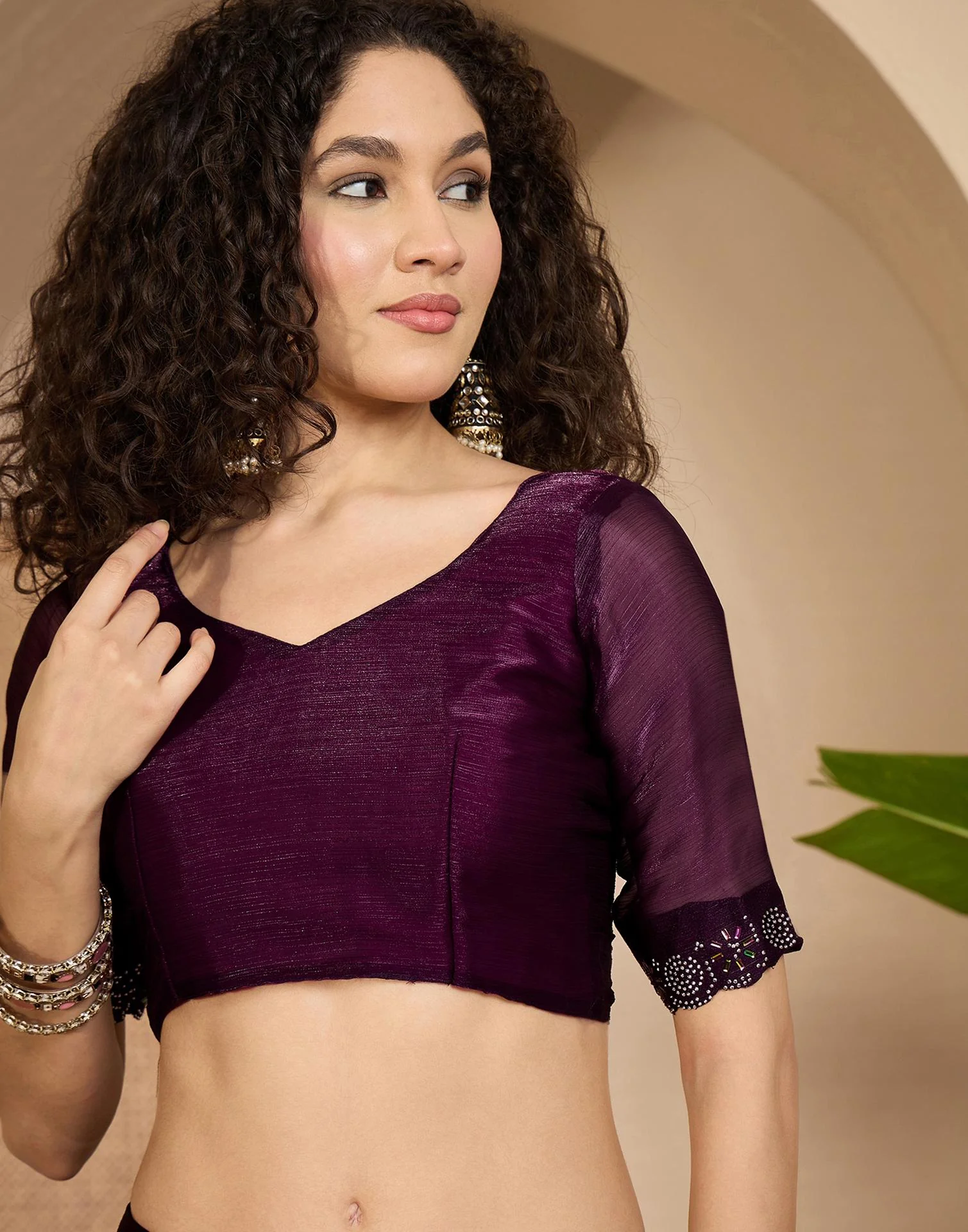 Dark Purple Shimmer Stone Work Swarovski Saree - Image 8