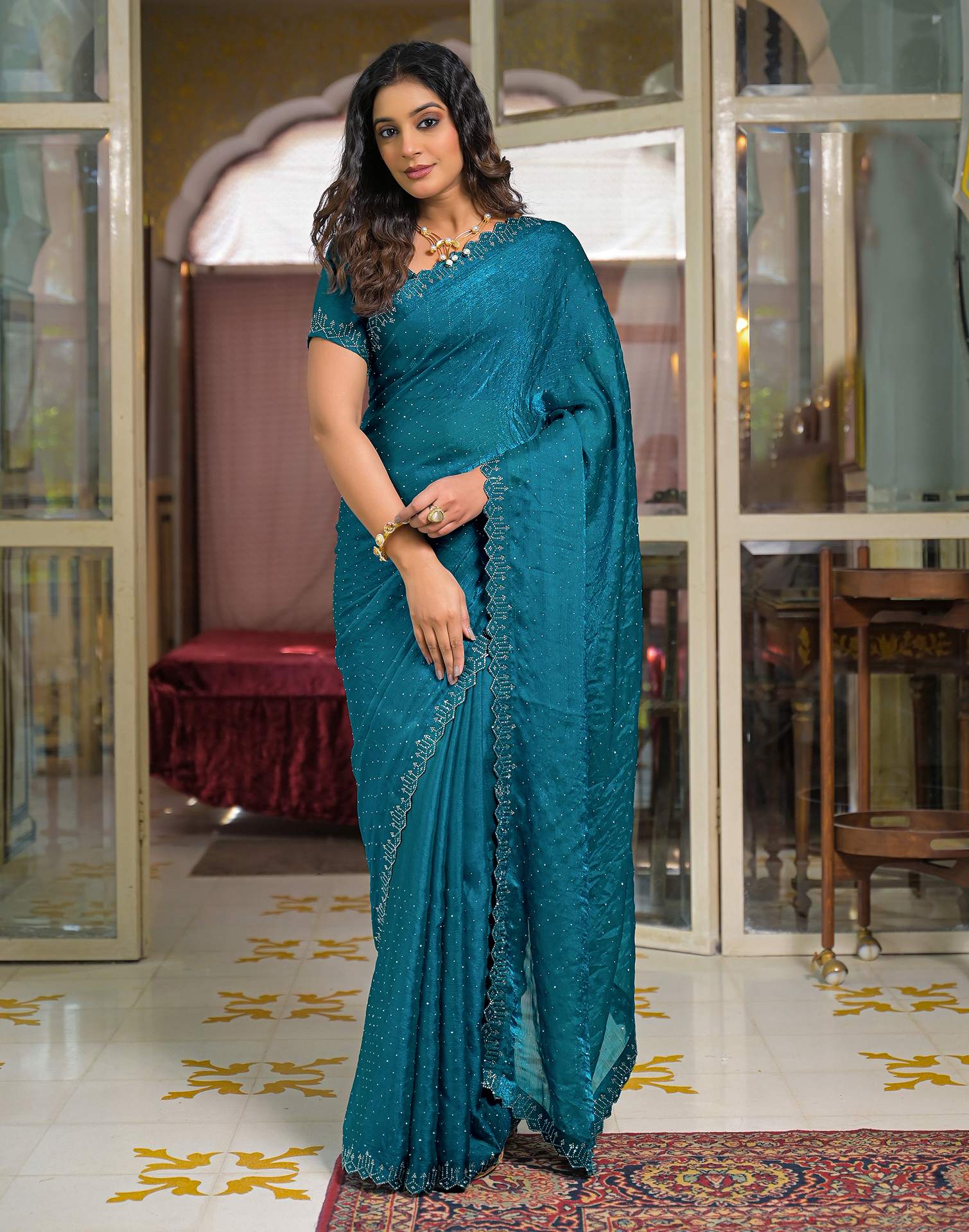Teal Blue Shimmer Stone Work Swarovski Saree - Image 2